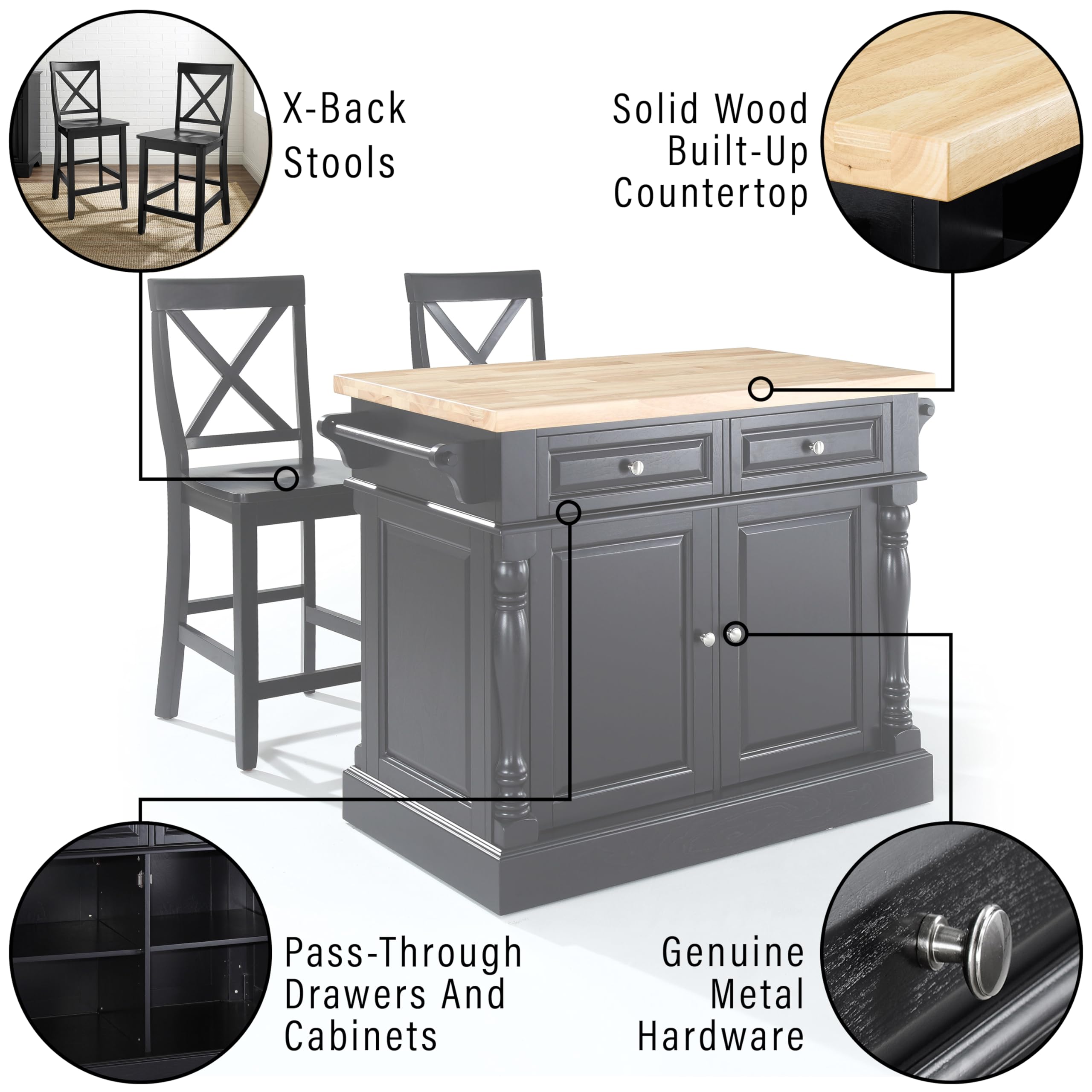 Crosley Furniture Oxford Butcher Block Kitchen Island, Coffee Bar, with a Set of 2 X-Back Stools, Black