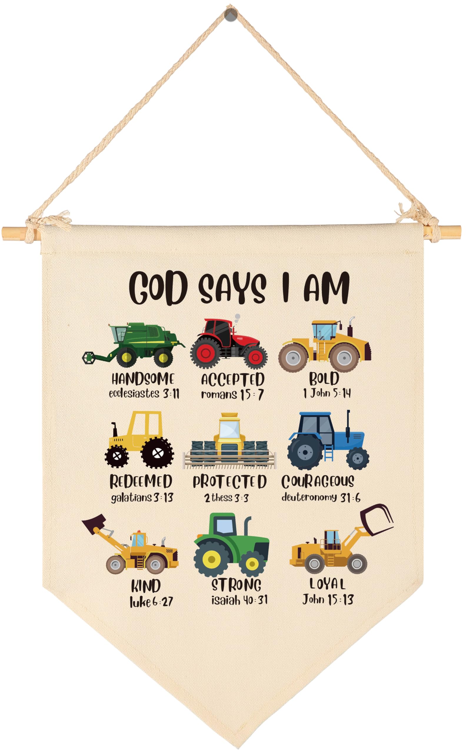 God Says I Am-Engineering Vehicle Theme-Scripture Gift for Baby Boys Girls Kids-Christian Bible Verses-Canvas Hanging Flag Penna