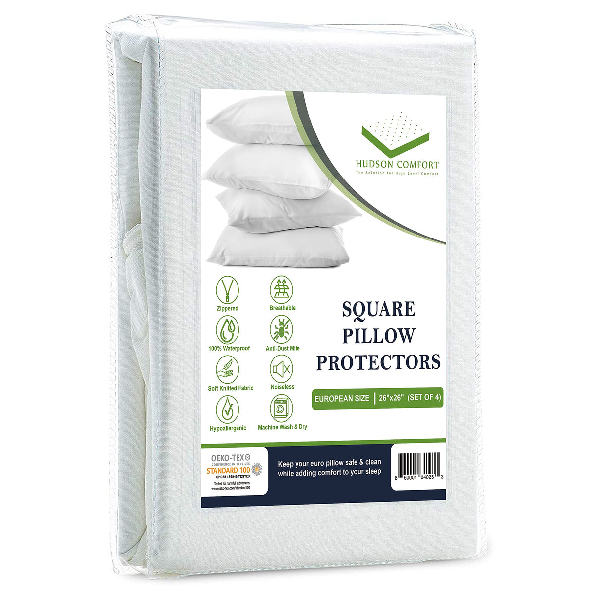 Hudson Comfort Euro 26X26 Pillow Protectors - 100% Waterproof, Prevents Feathers From Popping, European Square Zippered Pillow C