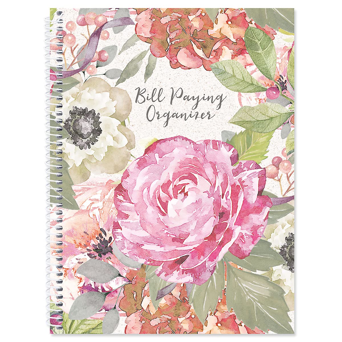 Pale Peony Bill Paying Organizer Book - Large 9' By 12 Inch, Spiral-Bound, 14 Pocket Pages, 32 Label Stickers, Bill Tracking Re