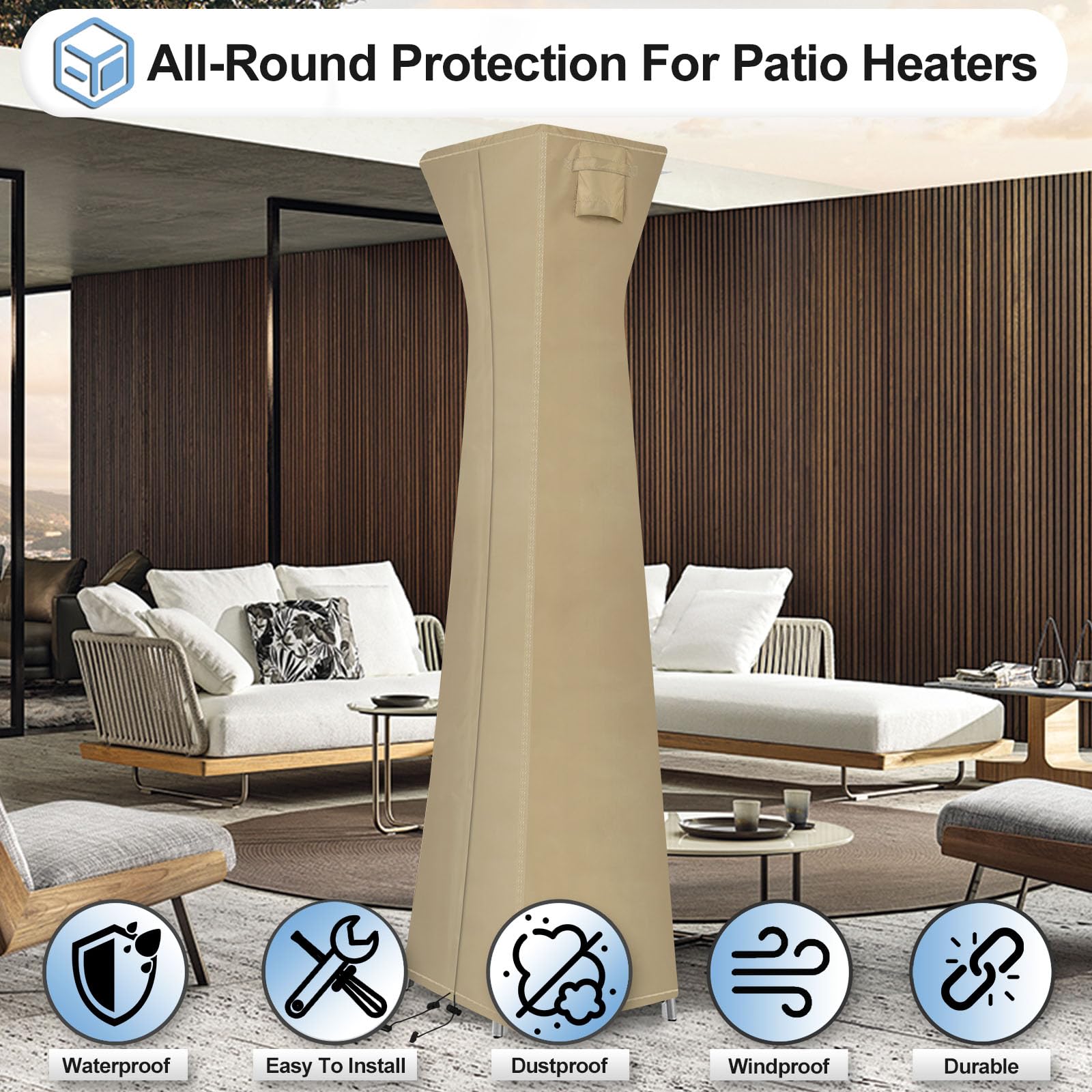 Outdoorlines Waterproof Outdoor Patio Heater Covers With Zipper And Storage Bag, Dust-Proof Uv-Resistant Windproof Propane Heavy Duty Heater Cover For Standing Heater, 2 Packs-90Hx23Lx23W Inch Camel