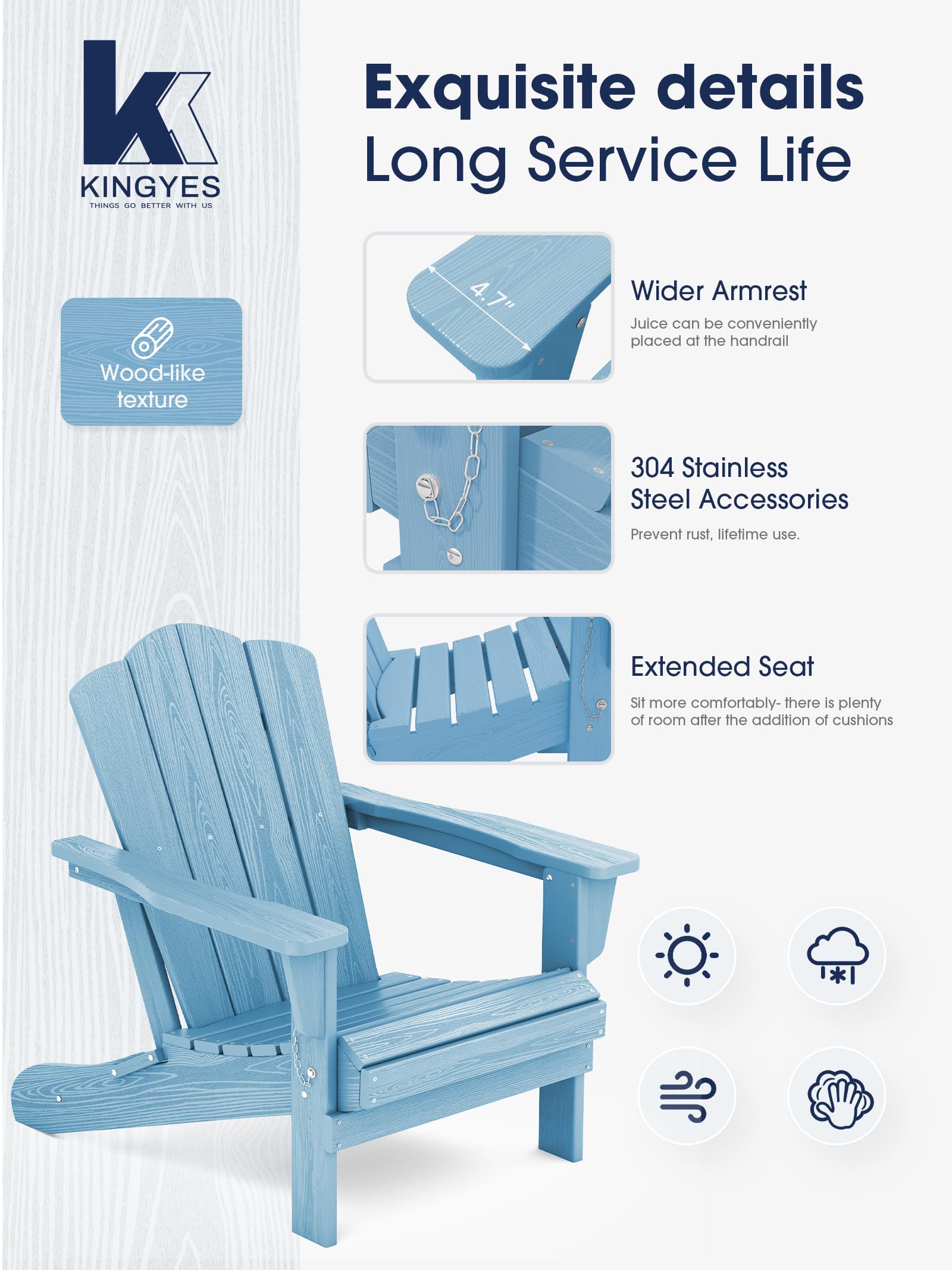 Kingyes Folding Adirondack Chair Set Of 4, Hdpe All-Weather Folding Adirondack Chair, Light Blue