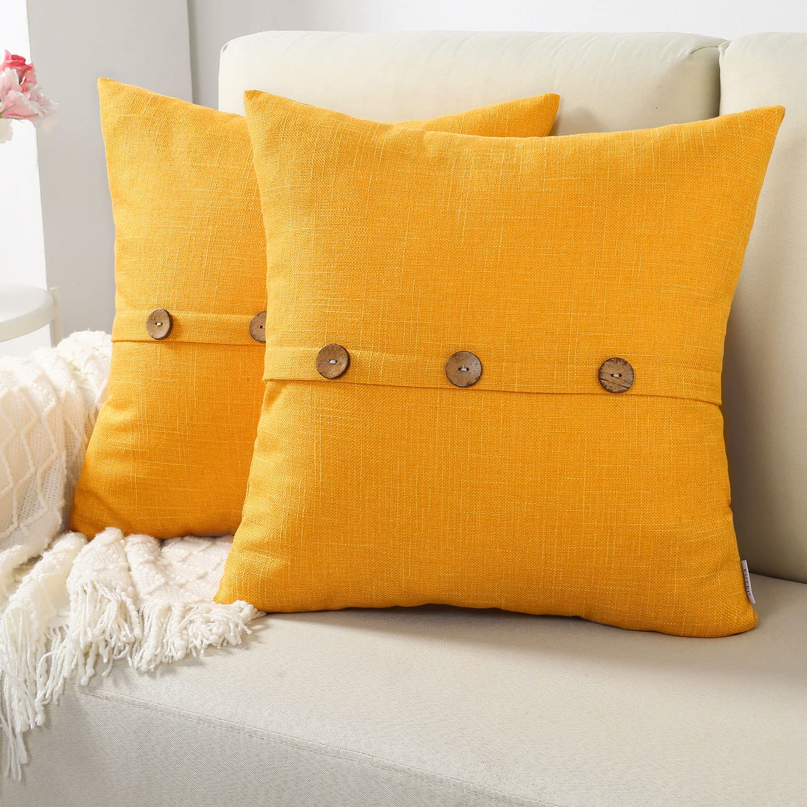Futei Yellow Linen Decorative Throw Pillow Covers 20X20 Inch Set Of 2, Square Cushion Case With Vintage Button/Zipper,Modern Far