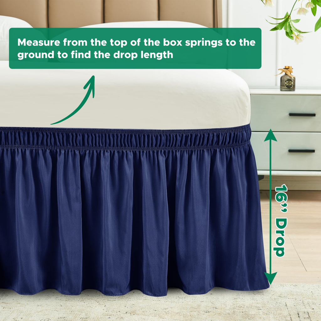 Biscaynebay Wrap Around Bed Skirts For King & Cal King Beds 16' Drop, Navy Adjustable Elastic Dust Ruffles Easy Fit Wrinkle & Fade Resistant Silky Luxurious Fabric Solid Machine Washable