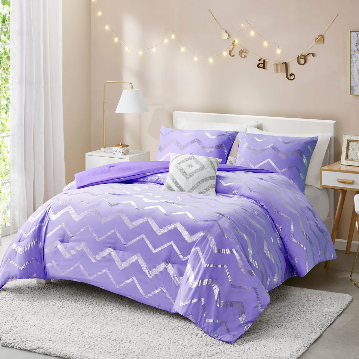 Codi Purple Comforter Set Full - Metallic Silver And Lavender Bedding Sets Queen Size - 4 Piece Set For Girls, Includes 1 Comfor