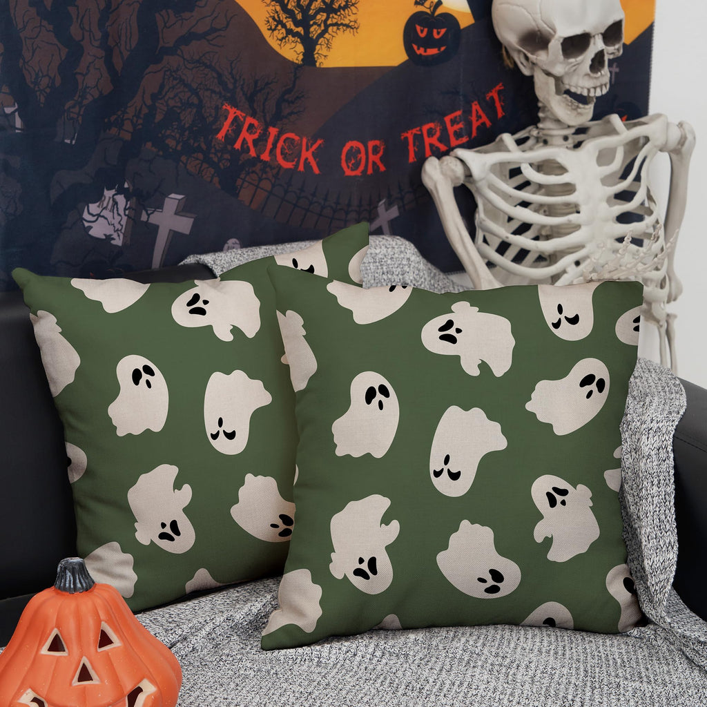 Dfxsz Halloween Pillow Covers 16X16 Inch Set Of 2 Happy Halloween White Ghost Decor Green Pillow Covers Happy Halloween Sofa Bed
