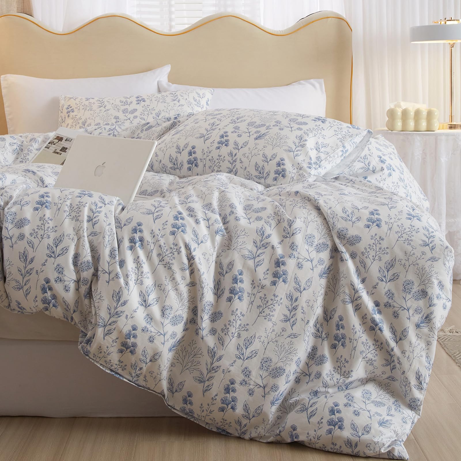 3 Pieces Duvet Cover Queen Size White Duvet Cover With Blue Floral Print,Soft Cotton Comforter Cover Boho Style,Aesthetic Queen