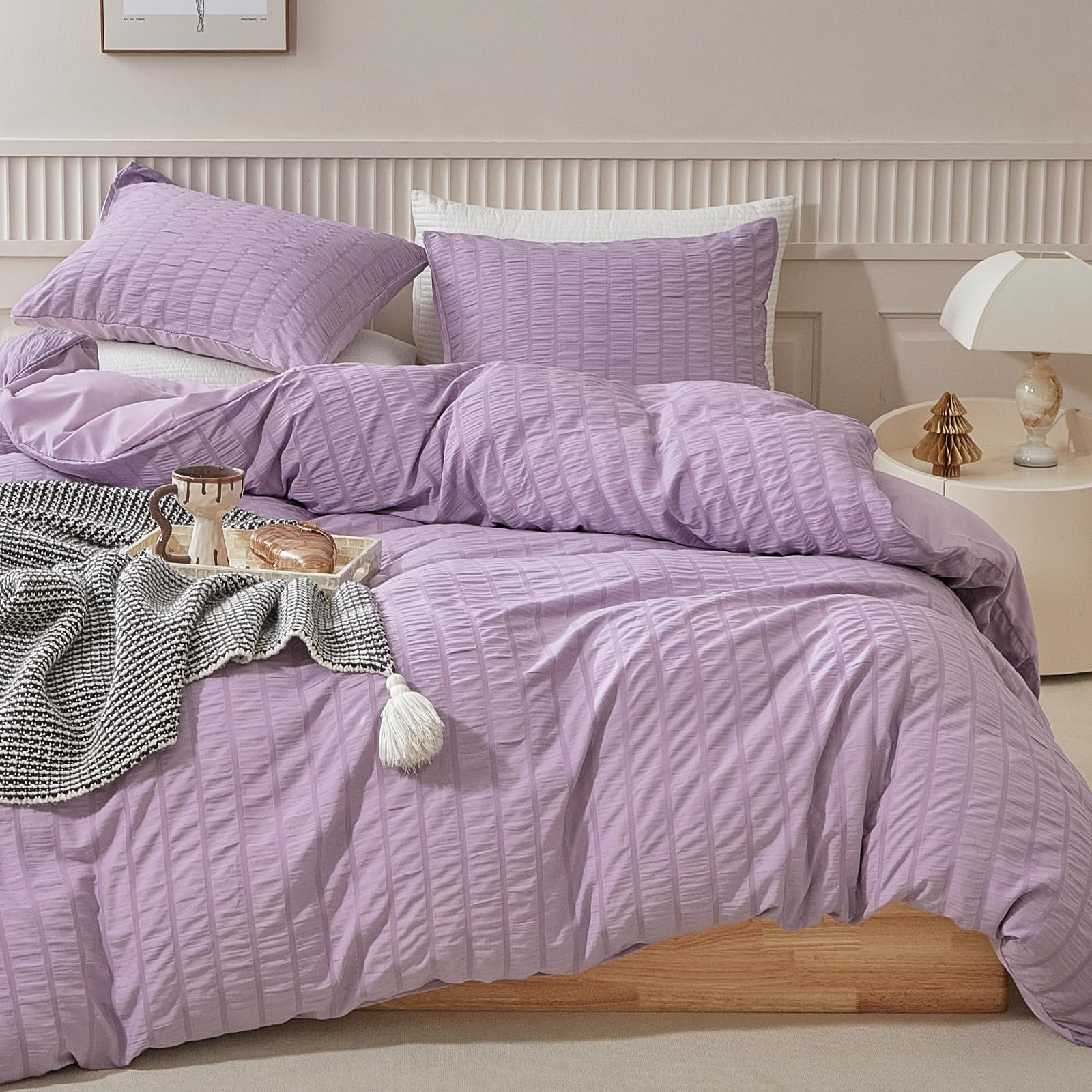 WARMDERN Duvet Cover Set King Size, 3pcs Washed Microfiber Purple Bedding Set, Soft Breathable Striped Textured Seersucker Duvet