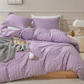 Warmdern Duvet Cover Set Queen Size, 3Pcs Washed Microfiber Purple Bedding Set, Soft Breathable Striped Textured Seersucker Duve