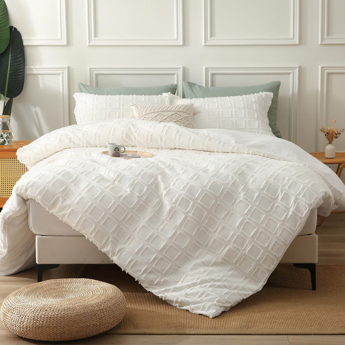 Mildly Waffle Weave Duvet Cover Set Off White Tufted Duvet Cover 100% Washed Microfiber Soft & Breathable Textured Comforter Cov
