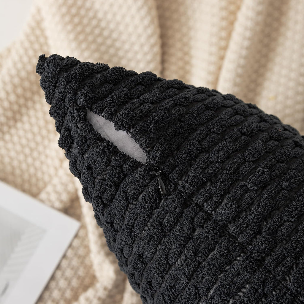 Kevin Textile Set Of 2 Decorative Pillow Cover Solid Striped Corduroy Plush Velvet Cushion Cover For Couch, 50Cm, 20 X 20 Inch, Black