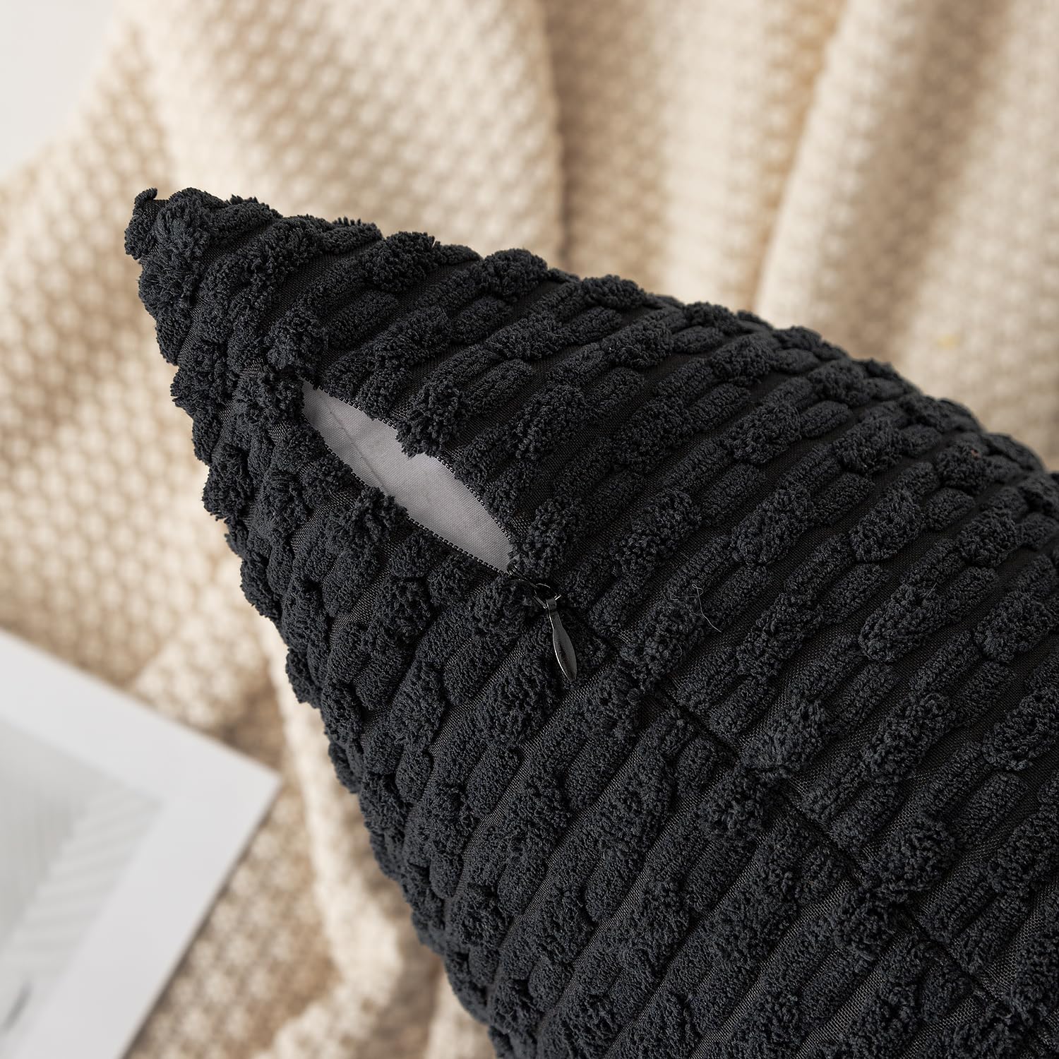 Kevin Textile Set Of 2 Decorative Pillow Cover Solid Striped Corduroy Plush Velvet Cushion Cover For Couch, 50Cm, 20 X 20 Inch, Black