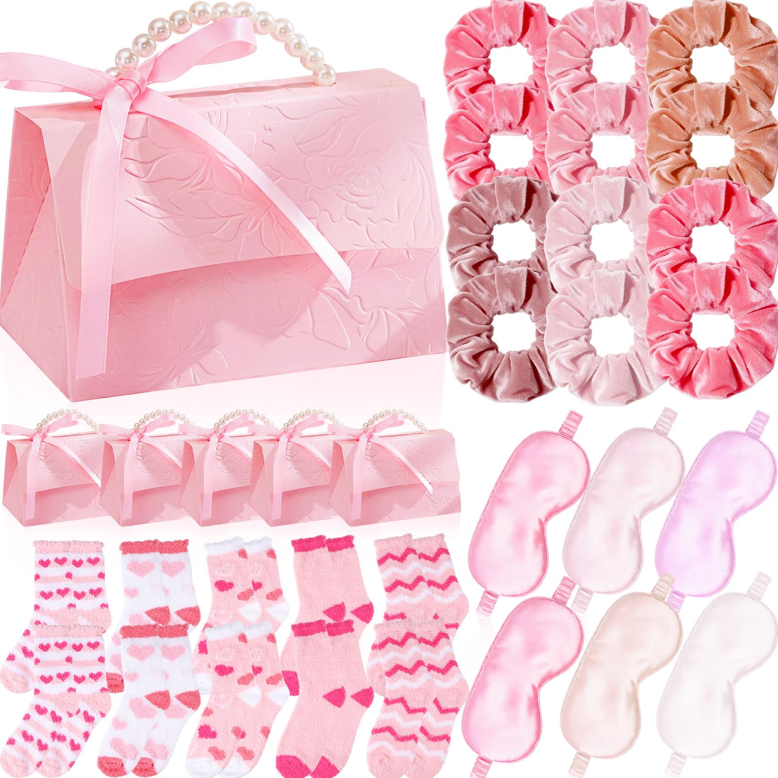 Eurzom 40 Pcs Valentine Gifts Set Bulk Pink Party Gift 10 Giftboxes 10 Sleeping Eye Mask 10 Velvet Scrunchies 10 Fuzzy Socks Gal