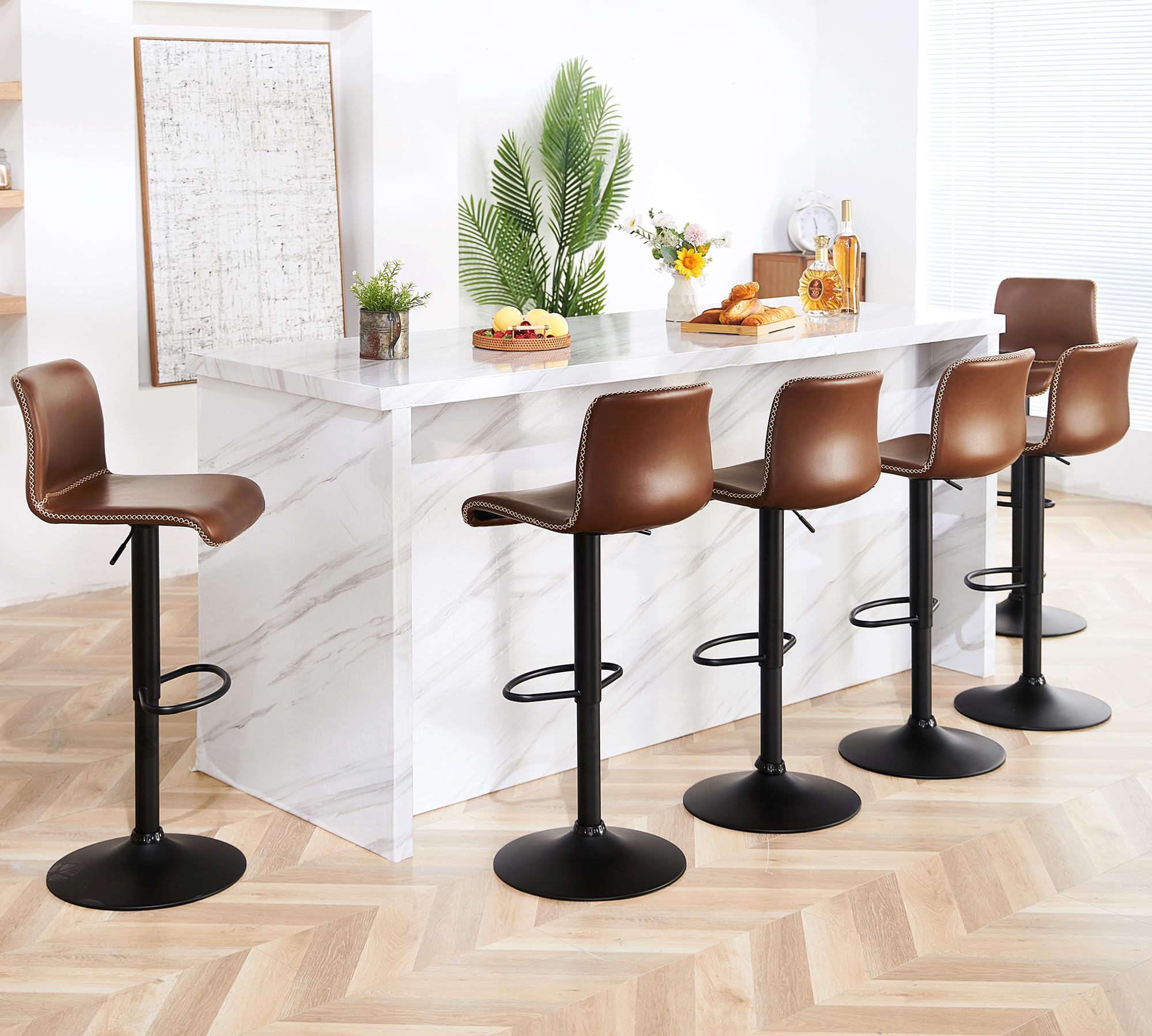 HeuGah Swivel Bar Stools Set of 6, Counter Height Bar Stools with Back, Adjustable Bar Stools 24 to 32, Brown Faux Leather Bar S