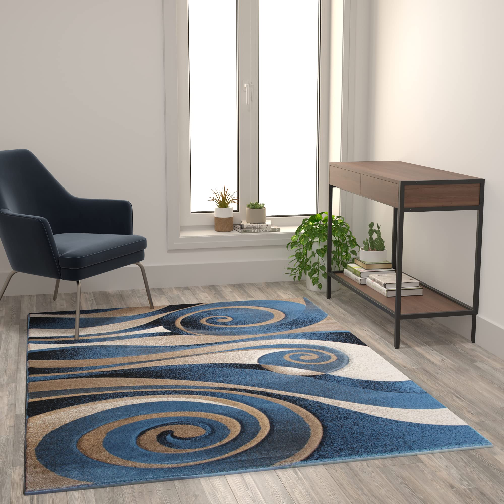 Flash Furniture Coterie Collection Modern Circular Patterned Indoor Area Rug - Blue And Beige Olefin Fibers With Jute Backing - 5' X 7'