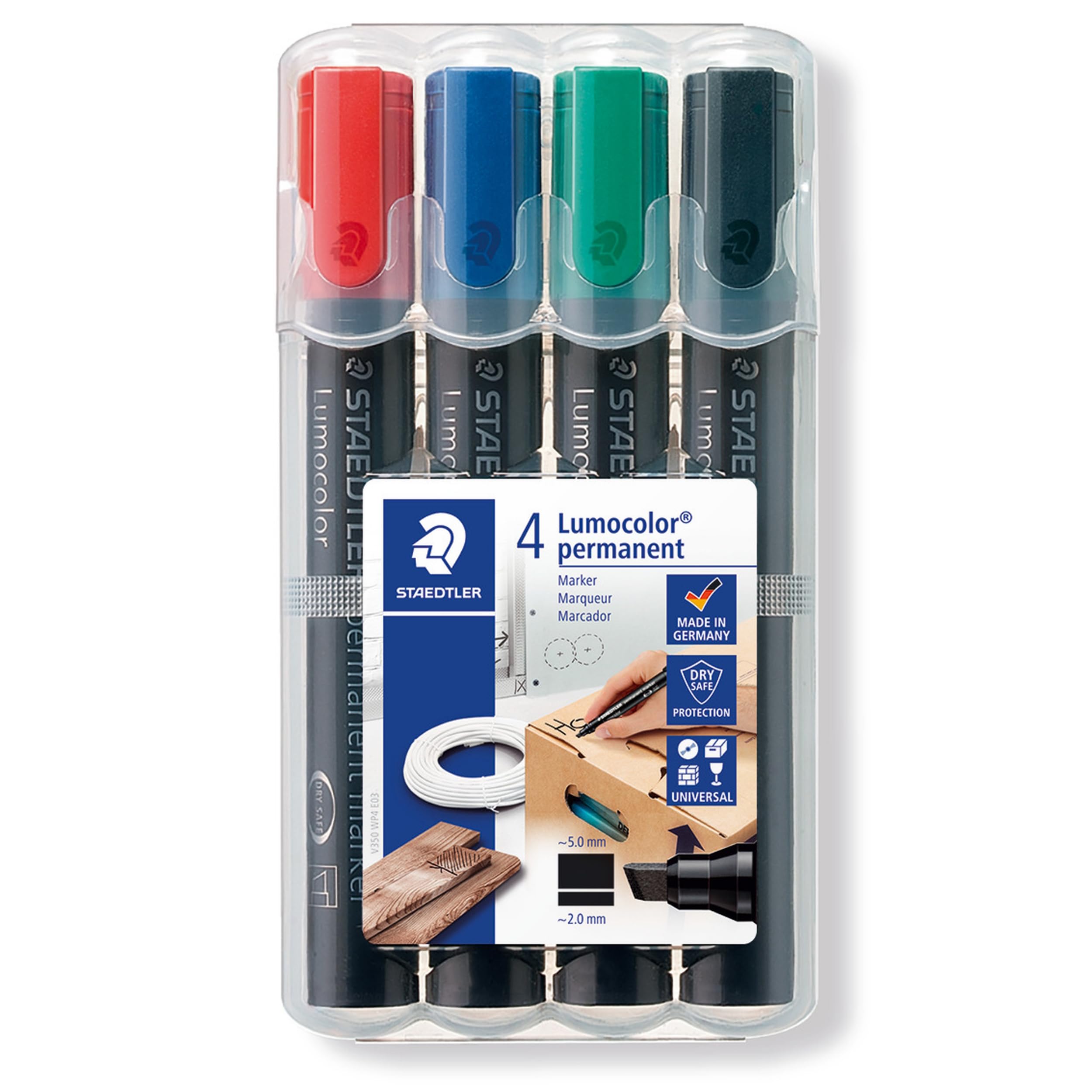 Staedtler Lumocolor Permanent Marker, Broad Chisel Tip, Refillable, Box Of 4 Assorted Color Markers (Red, Blue, Green, Black) 35