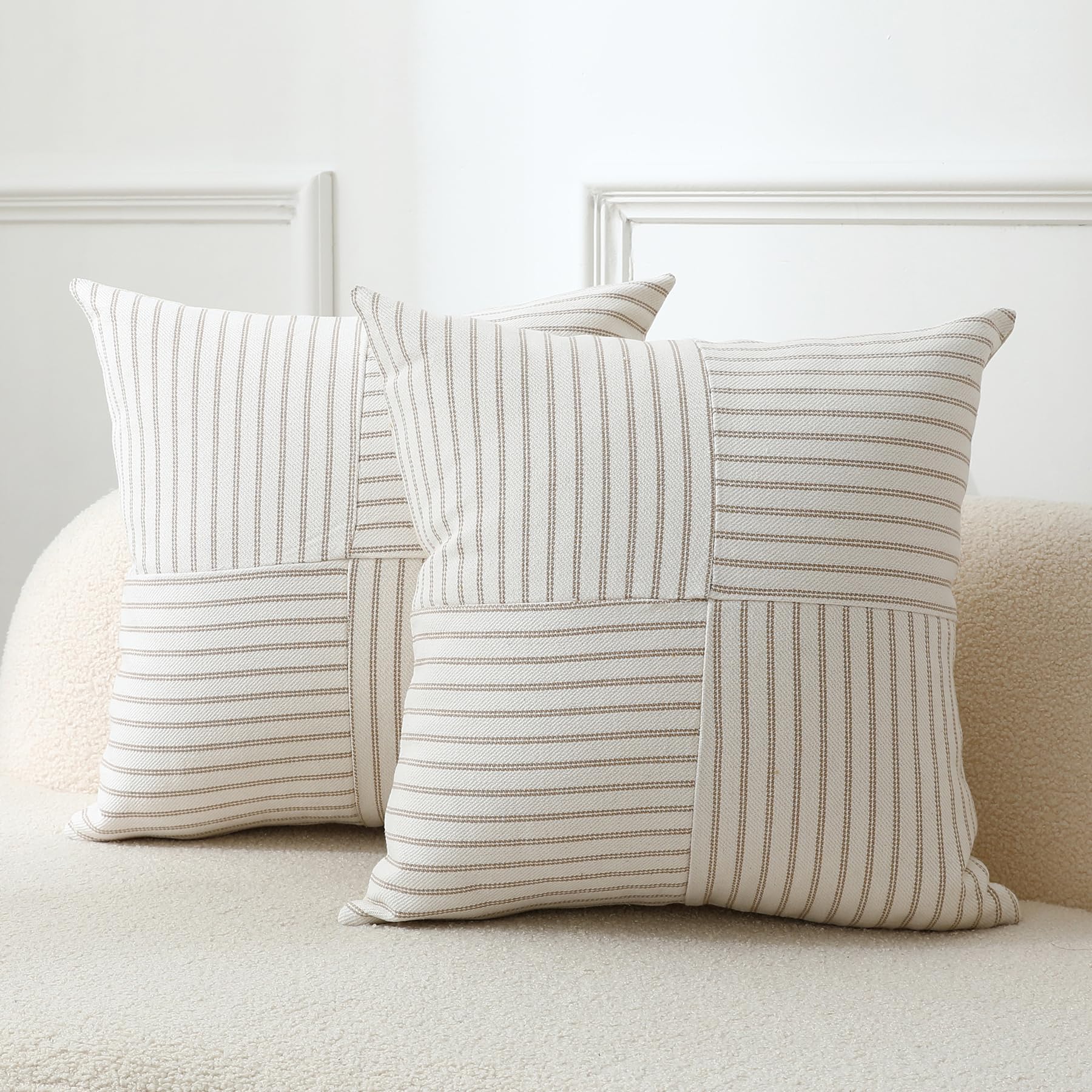 Throw Pillow Covers 18 X 18 Inch Farmhouse Pillow Covers, Set Of 2 Khaki Striped Textured Patchwork Squarer Pillow Case For Sofa