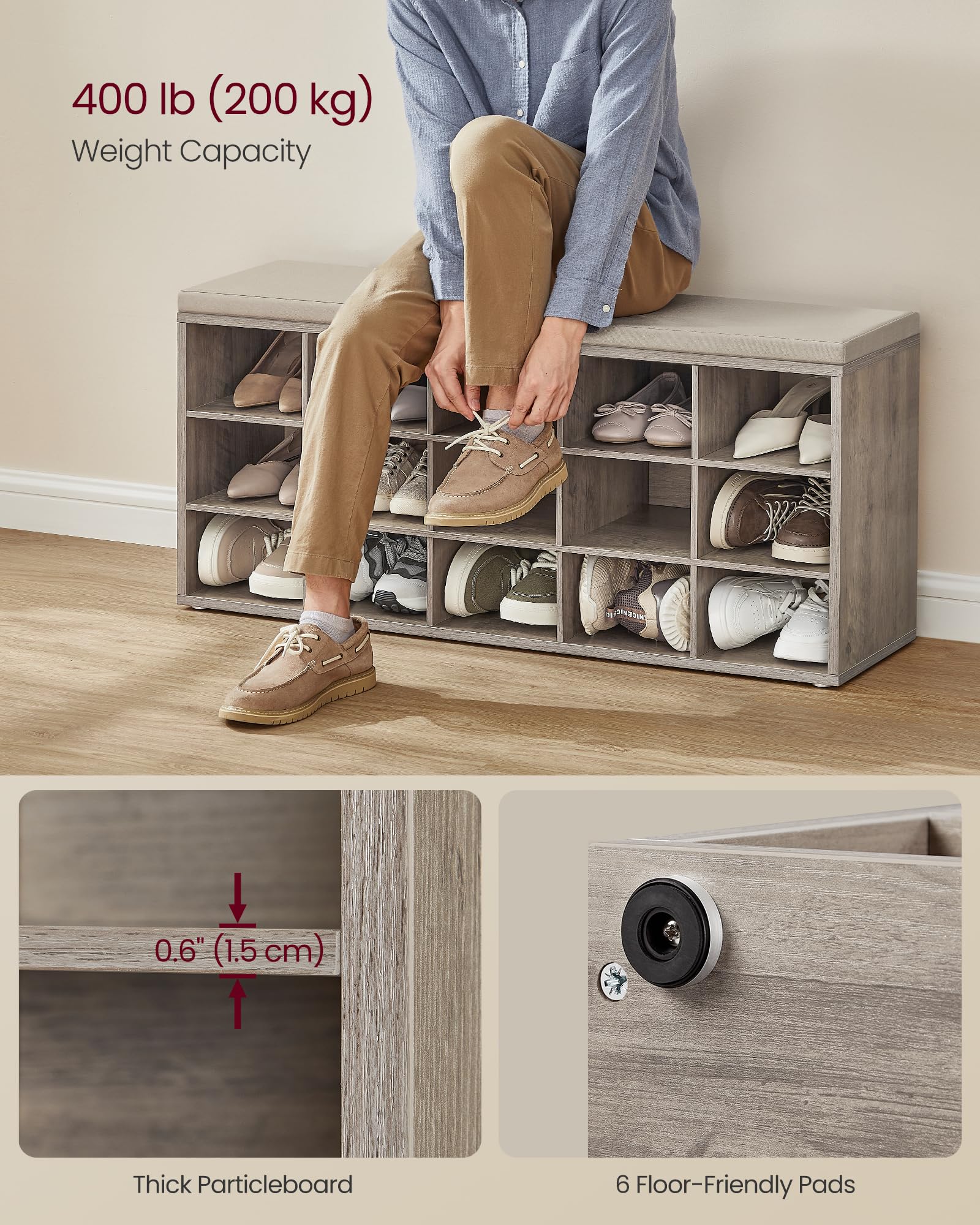 Vasagle Shoe Bench With Cushion, Storage Bench With Padded Seat, Entryway Bench With 15 Compartments, For Bedroom, 11.8 X 41.3 X 18.9 Inches, Heather Greige And Cappuccino Beige Ulhs015K01