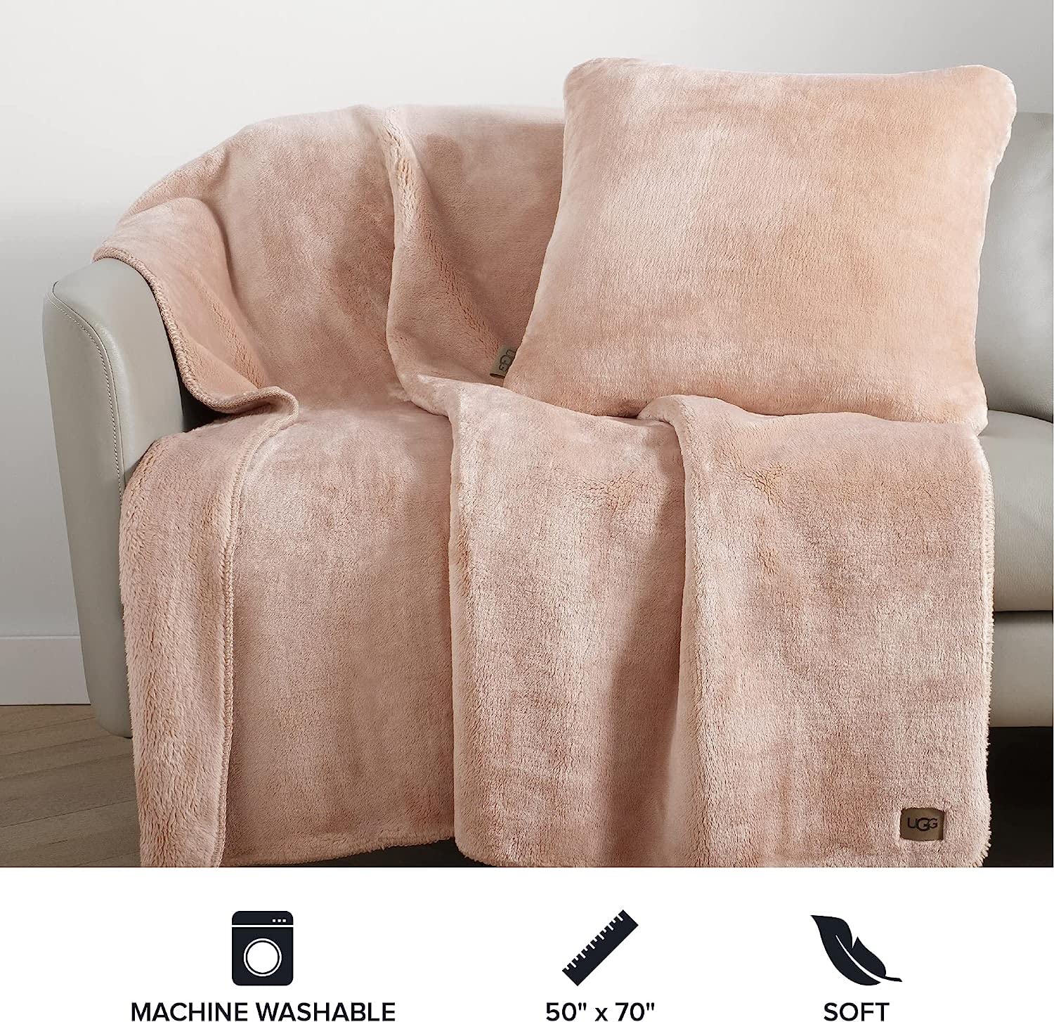 Ugg 11065 Whitecap Plush Flannel Oversized Reversible Fleece Throw Blanket Comfortable Lightweight Cozy Hotel Style Home Decor Soft Luxury Machine Washable Blankets, 70 X 50-Inch, Quartz