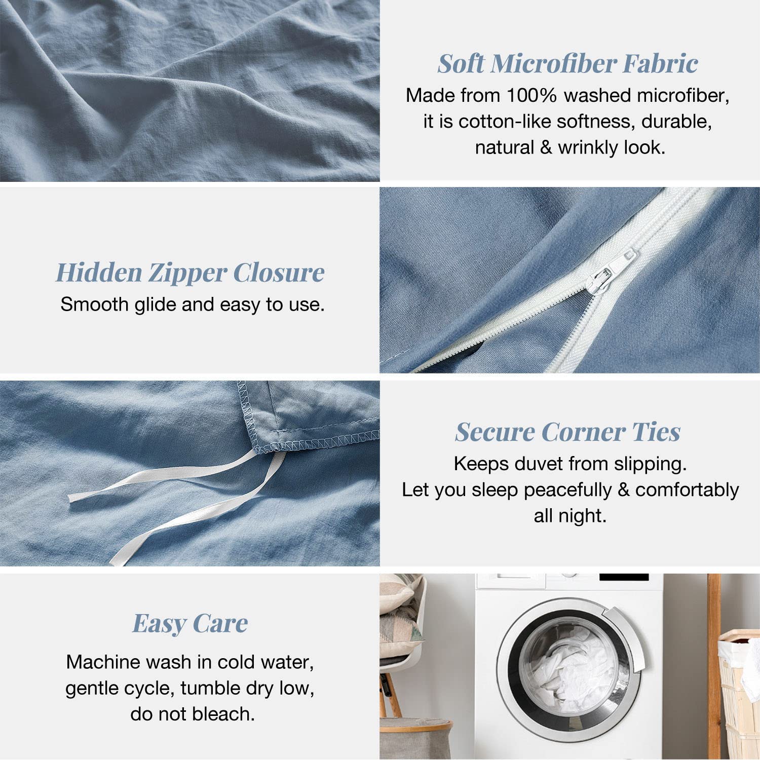 Mildly Super Soft Duvet Cover - 100% Washed Microfiber Haze Blue Comforter Cover Set 3 Pieces With Zipper Closure & Corner Ties