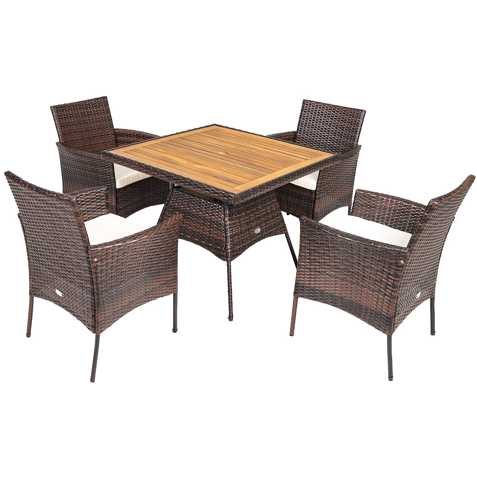Dortala 5-Piece Patio Dining Set, Acacia Wood & Rattan Furniture Set With Umbrella Hole Table, 4 Cushioned Armrest Chairs, Wicker Conversation Set For Backyard Garden Porch