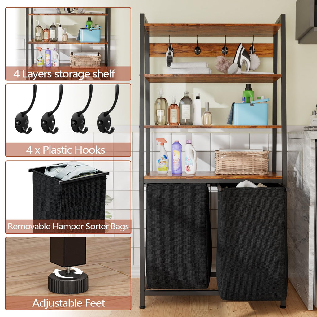 Furnulem 4 Tiers Laundry Hamper With Shelf And Hooks, Tall Laundry Basket Sorter With 2 Removable Laundry Bags, Ladder Shelves W