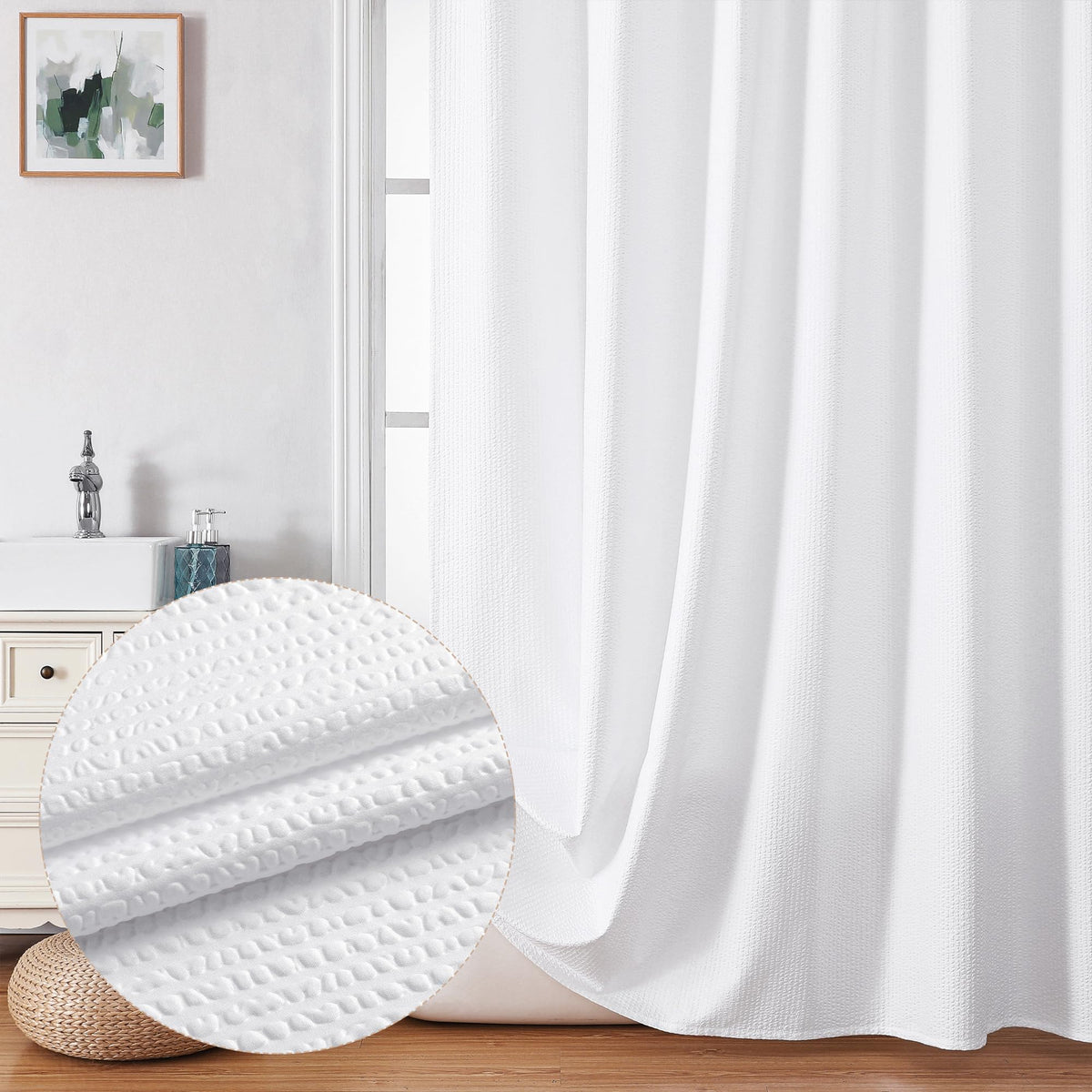 OVZME Berry White Extra Long Shower Curtain Set 72 x 84 Inch with Hooks, 3D Embossed Textured Fabric Shower Curtain for Bathroom