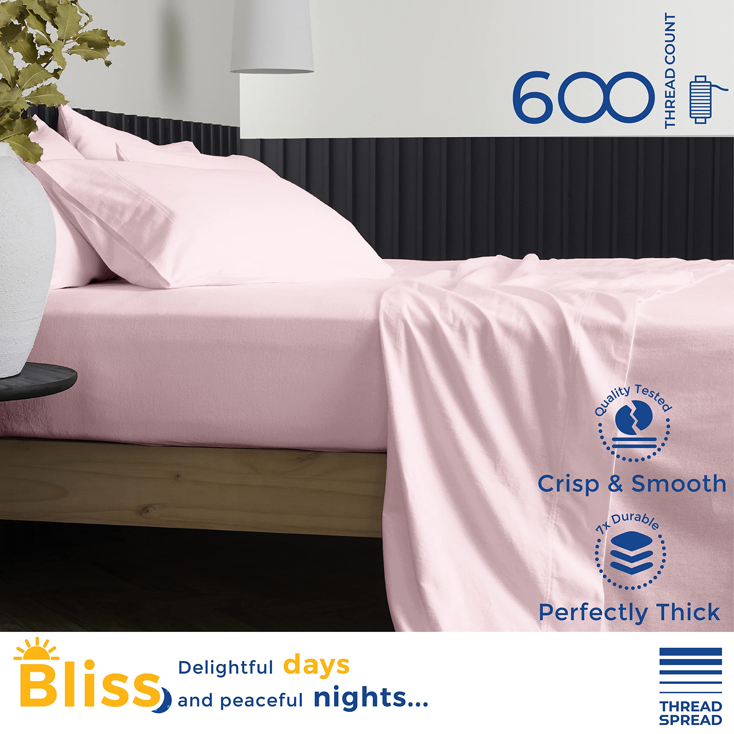 Thread Spread Luxury Sheets 600 Thread Count - Egyptian Cotton Quality Split King Size Sheet Set - Deep Pocket Fitted Bedding Sheets & Pillowcases - 4 Pc Breathable - Blush Sheets For Boys & Girls