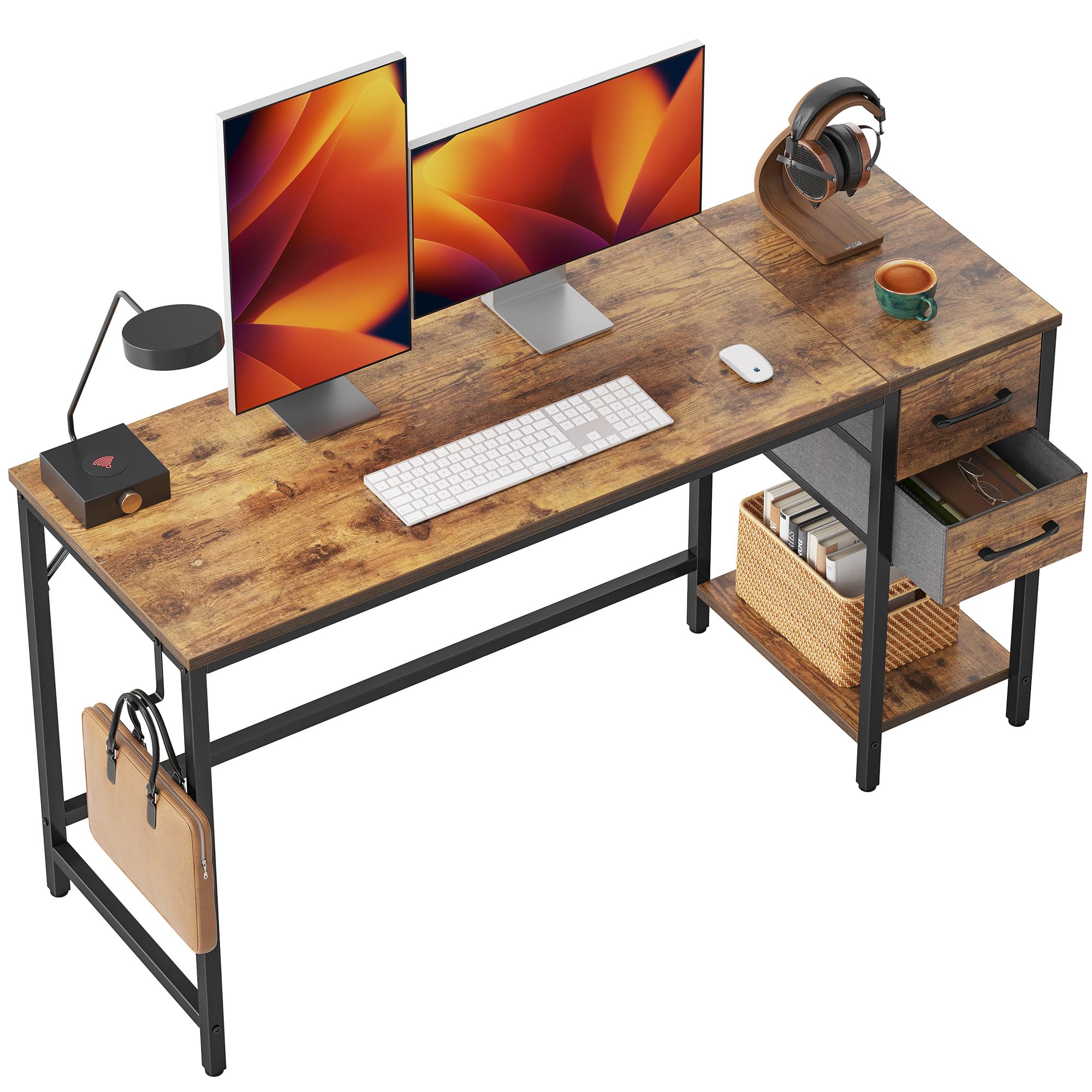CubiCubi Computer Desk with 2 Drawers, 47 Inch Small Home Office Desk with Storage Study Writing Table, Rustic Brown