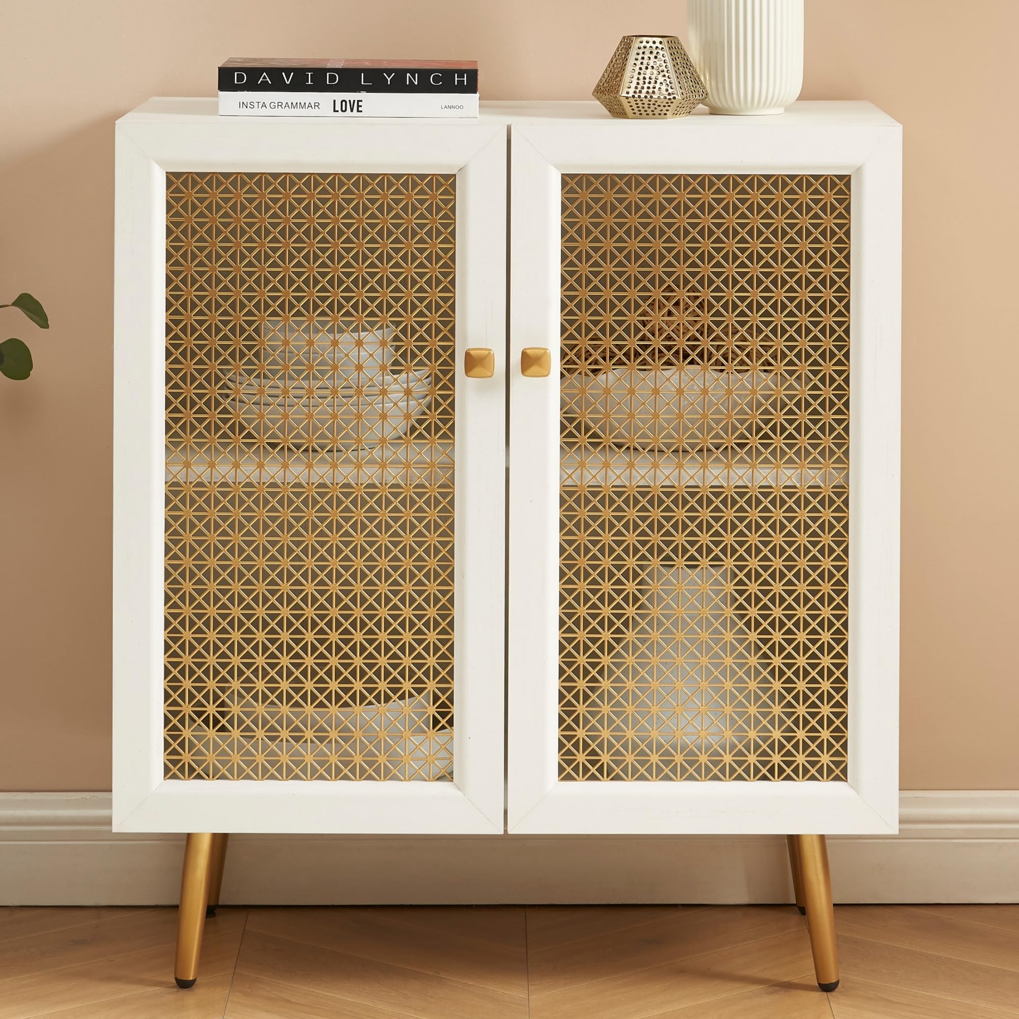 JYED DECOR White Storage Cabinet with 2 Metal Mesh Doors - Modern Sideboard Buffet, Multifunctional Accent Cabinet for Living Ro