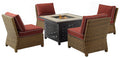 Crosley Furniture Bradenton 5-Piece Wicker Outdoor Chair Patio Furniture Set with Propane Gas Fire Pit Table, Brown with Sangria Cushions