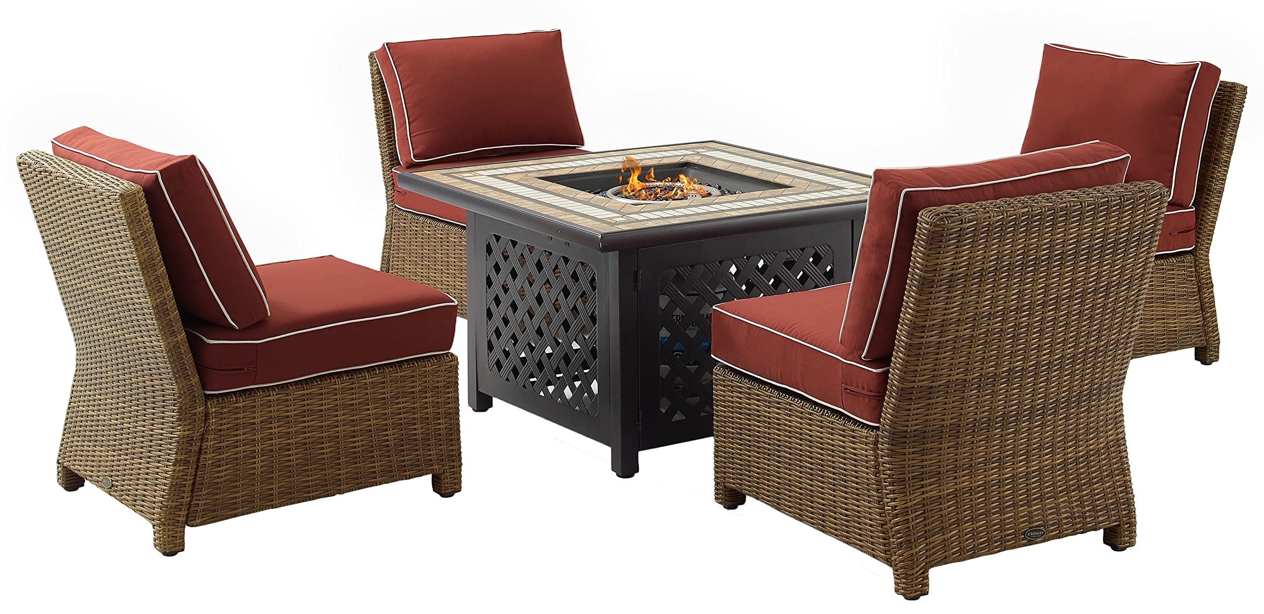 Crosley Furniture Bradenton 5-Piece Wicker Outdoor Chair Patio Furniture Set with Propane Gas Fire Pit Table, Brown with Sangria Cushions