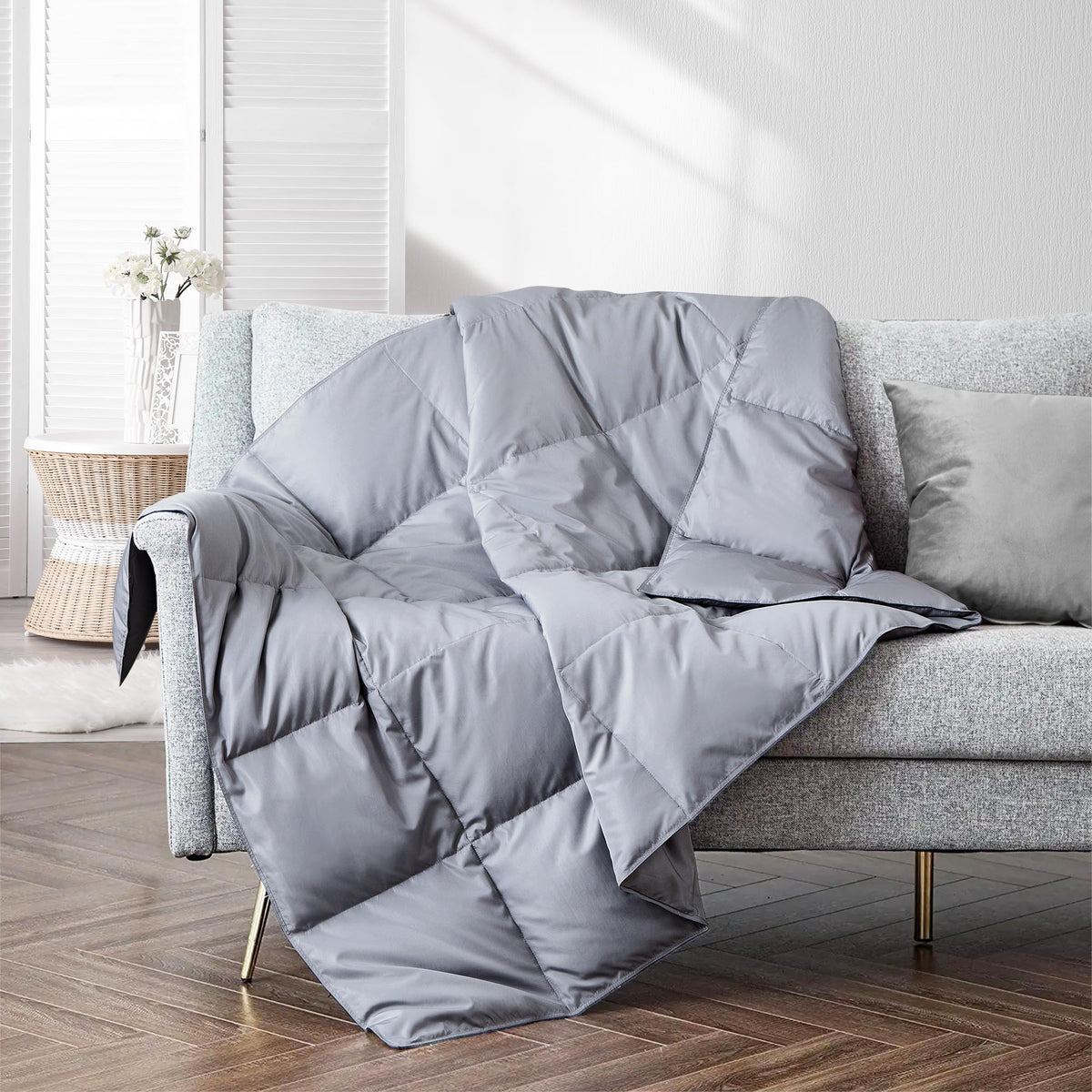 puredown Soft Feather Down Throw Blanket Lightweight Packable Couch Throw for Indoor and Outdoor Use, 50''X70'', Sliver Gray