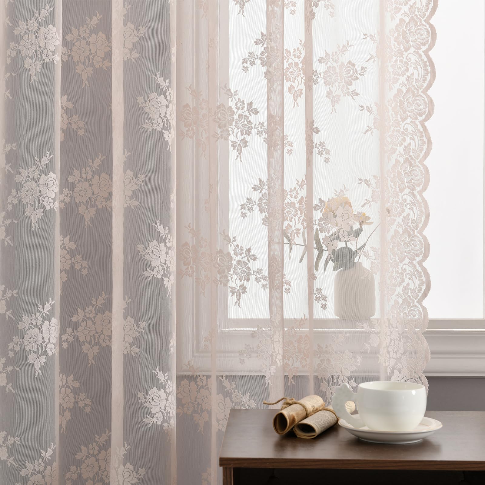 Kotile Blush Pink Sheer Curtains 54 Inch Length, 2 Panels, W42 x L54 Inch Each, Country Rustic Floral Coquette Lace Curtains for