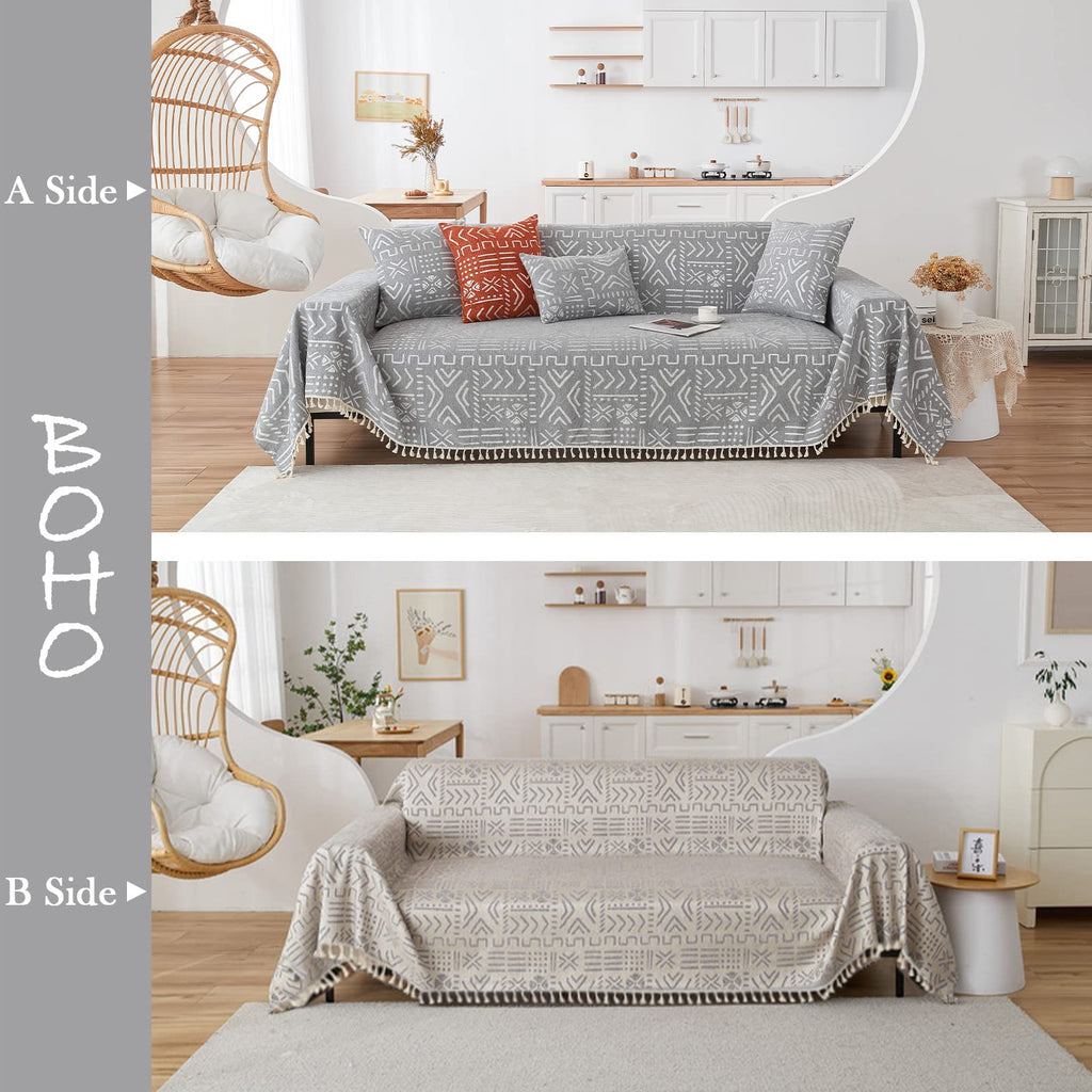Handontime Bohemian Couch Cover For Dogs Aztec Tribal Sofa Covers For 3 Cushion Couch Aesthetic Couch Slipcover Chenille Sofa Seat Cover Pet Universal Loverseat Cover Futon Cover 71' X118', Grey/White