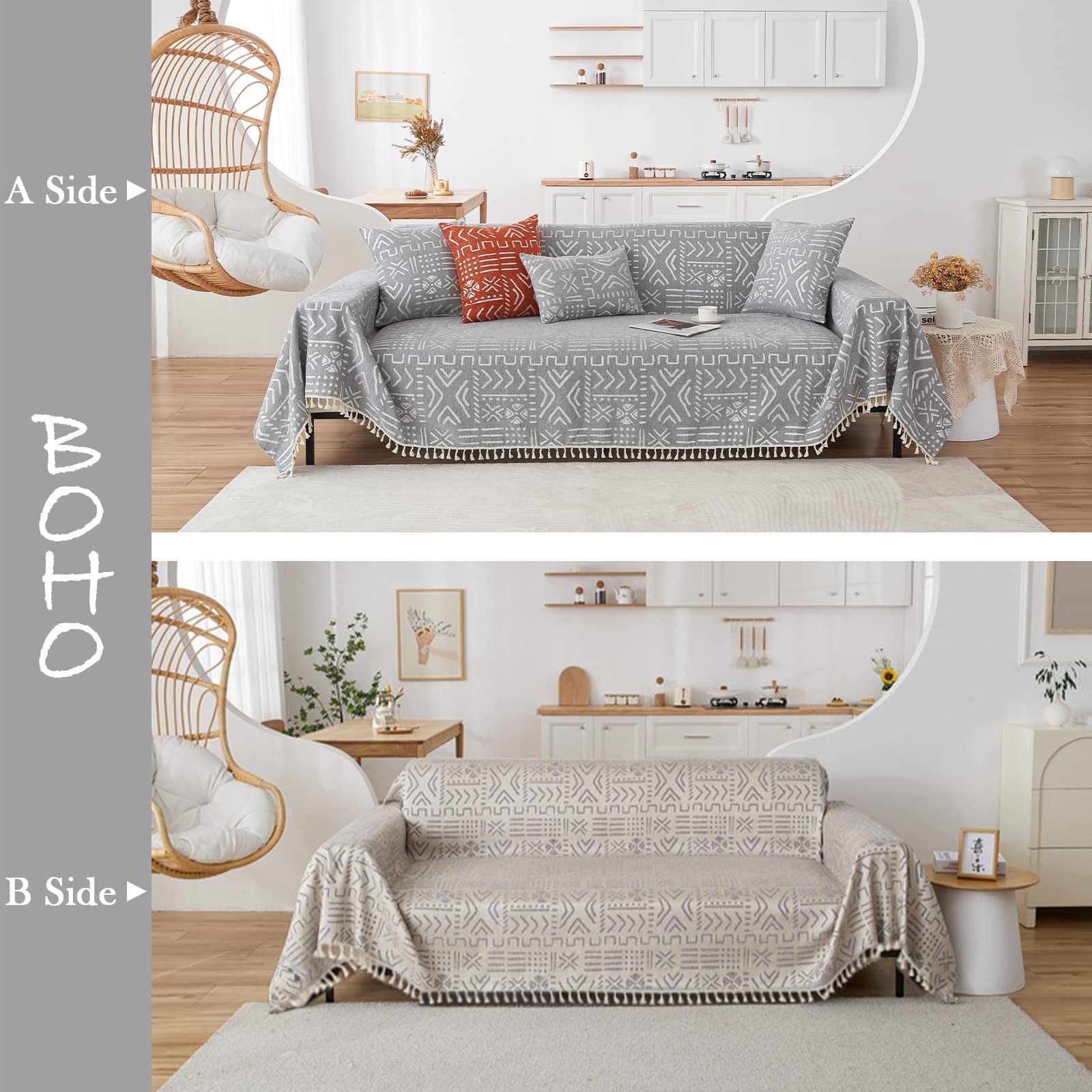 Handontime Bohemian Grey And White Couch Cover For Dogs Aztec Tribal Sofa Covers For 3 Cushion Couch Aesthetic Tassel Couch Slipcover Sofa Seat Cover Universal Loverseat Cover Futon Cover, 71' X134'