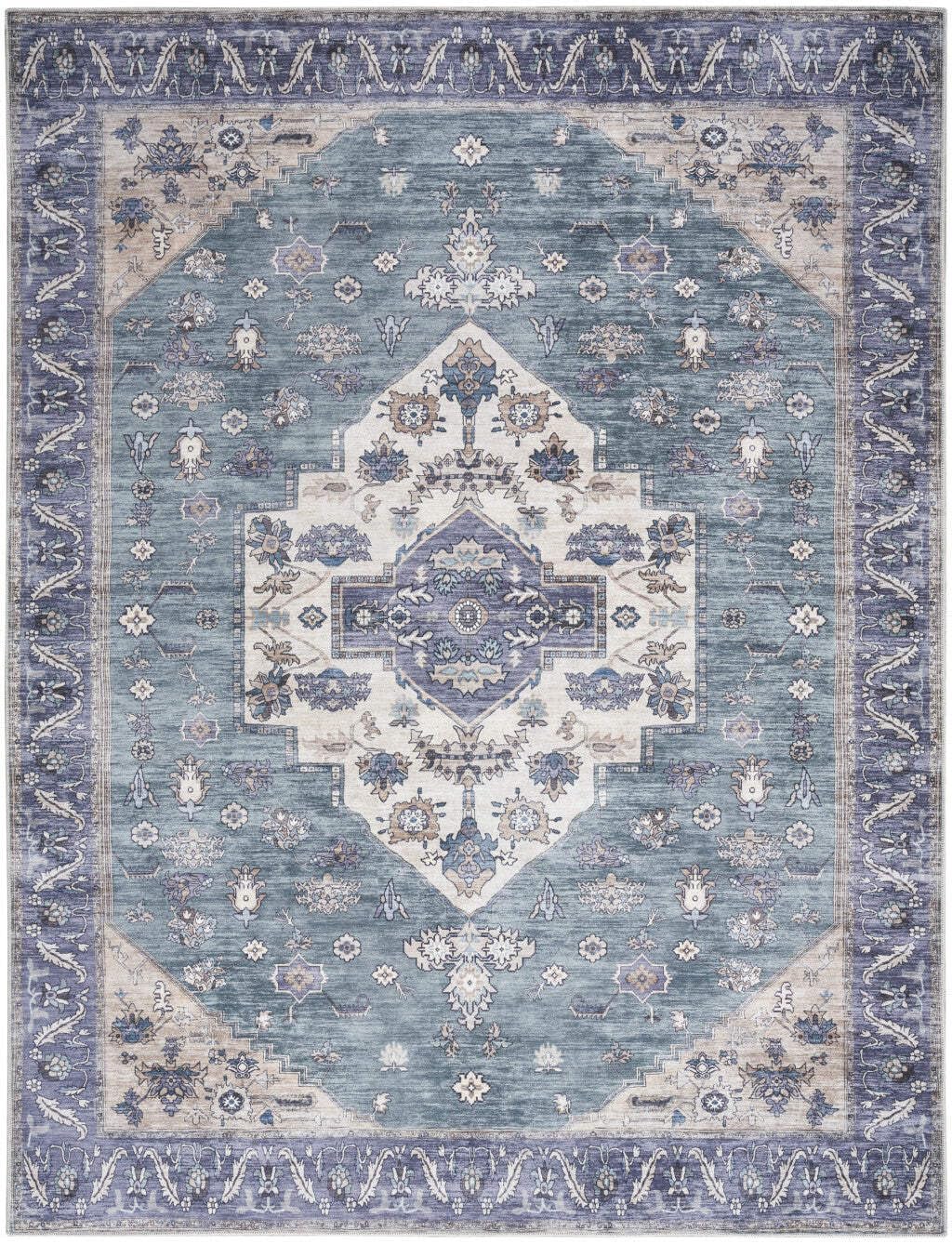 HomeRoots 533329 8 x 10 ft. Blue & Green Oriental Power Loom Distressed Washable Non Skid Rectangle Area Rug