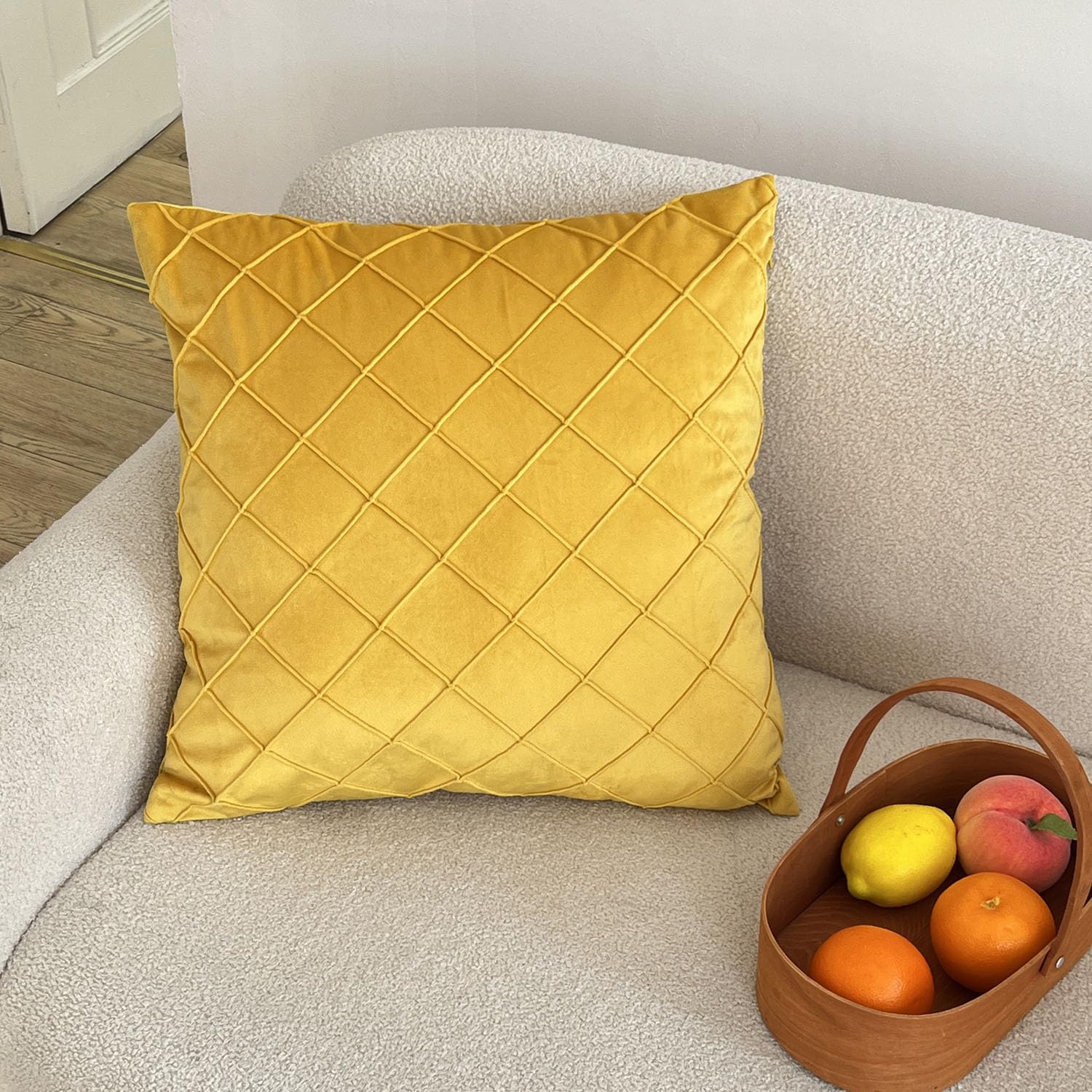 Plworld Yellow Throw Pillow Cover 20X20 Inches, Pleated Decorative Soild Square Cushion Case, Soft Velvet Textured Pillowcase Fo