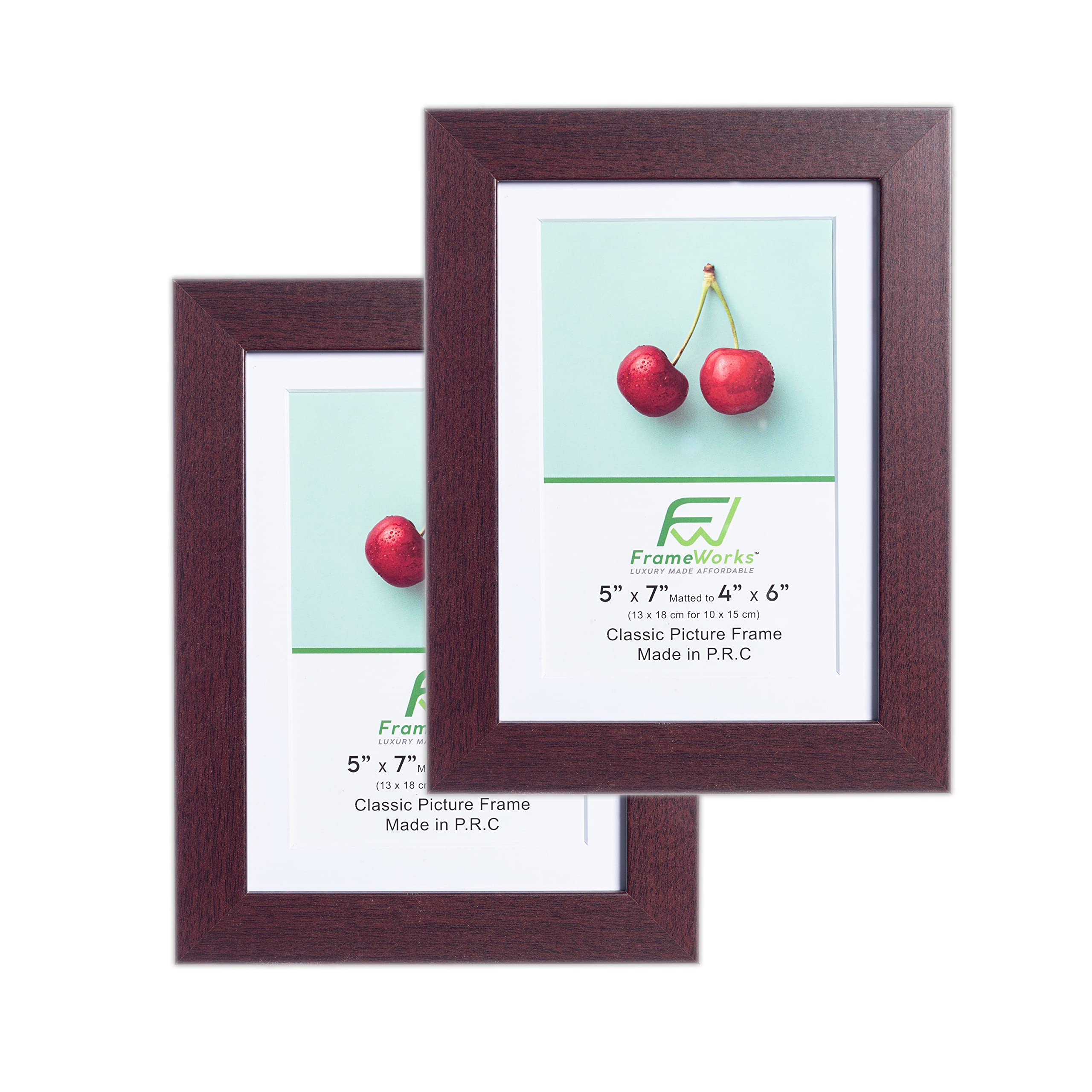 FrameWorks 2-Pack, 5x7 Matted to 4x6 Picture Frame, Mahogany - Classic Photo Frame with Tempered Glass, Picture Frame with Clean