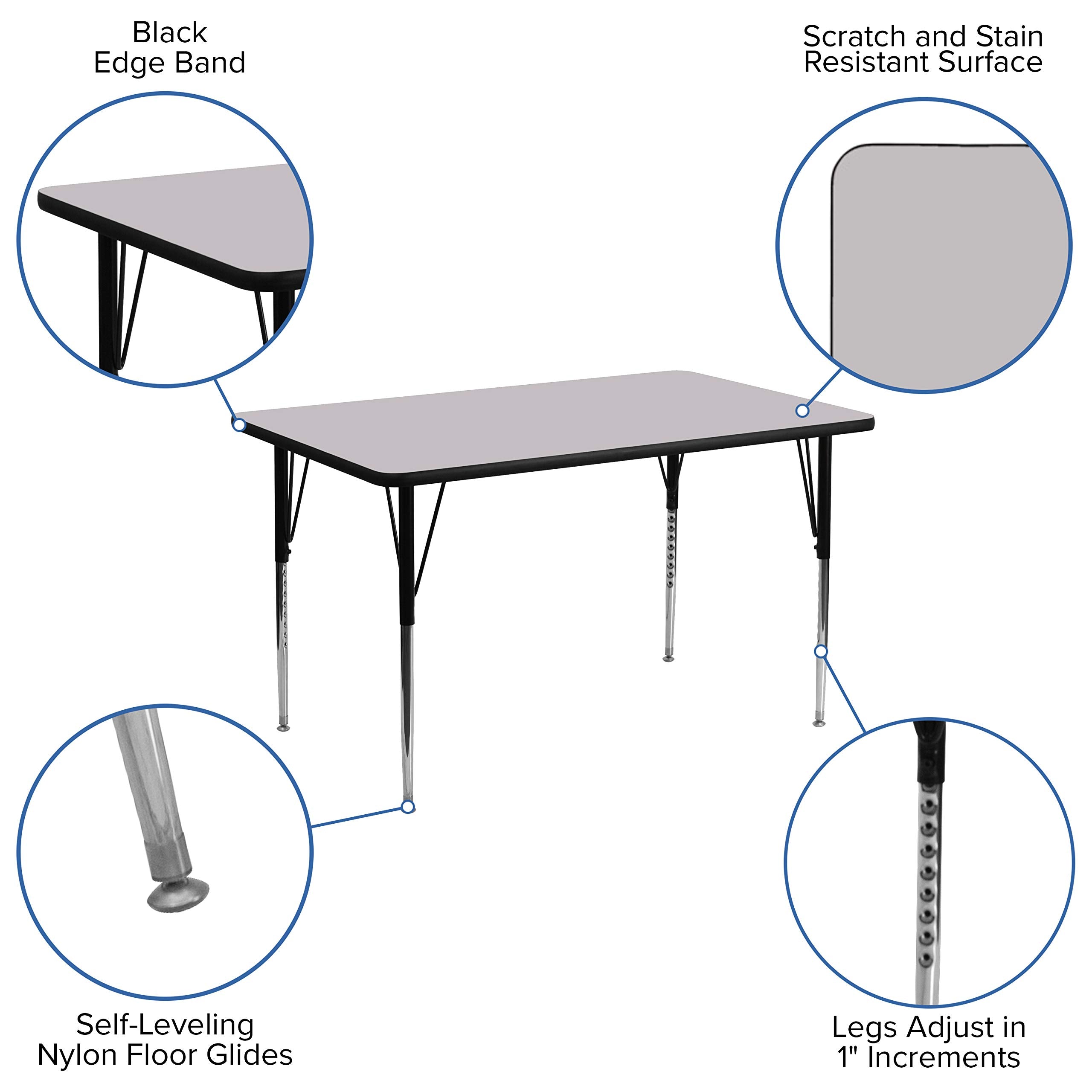 Flash Furniture Wren 30''W x 48''L Rectangular Grey Thermal Laminate Activity Table - Standard Height Adjustable Legs