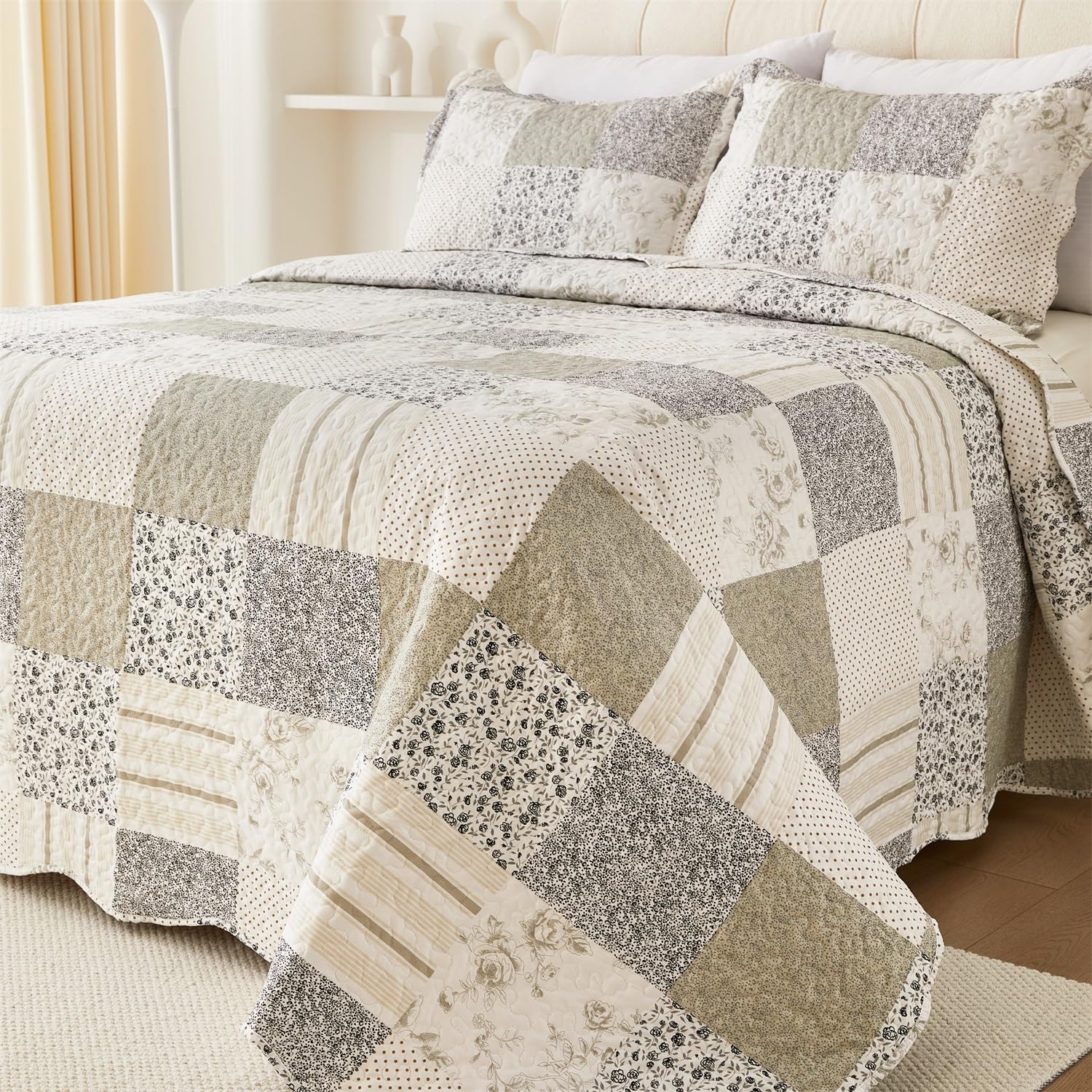Cmfshape Summer Floral Queen Quilt Set,Grey Patchwork Quilts Queen,Reversible Quilted Bedspread With 2 Shams, Vintage Farmhouse