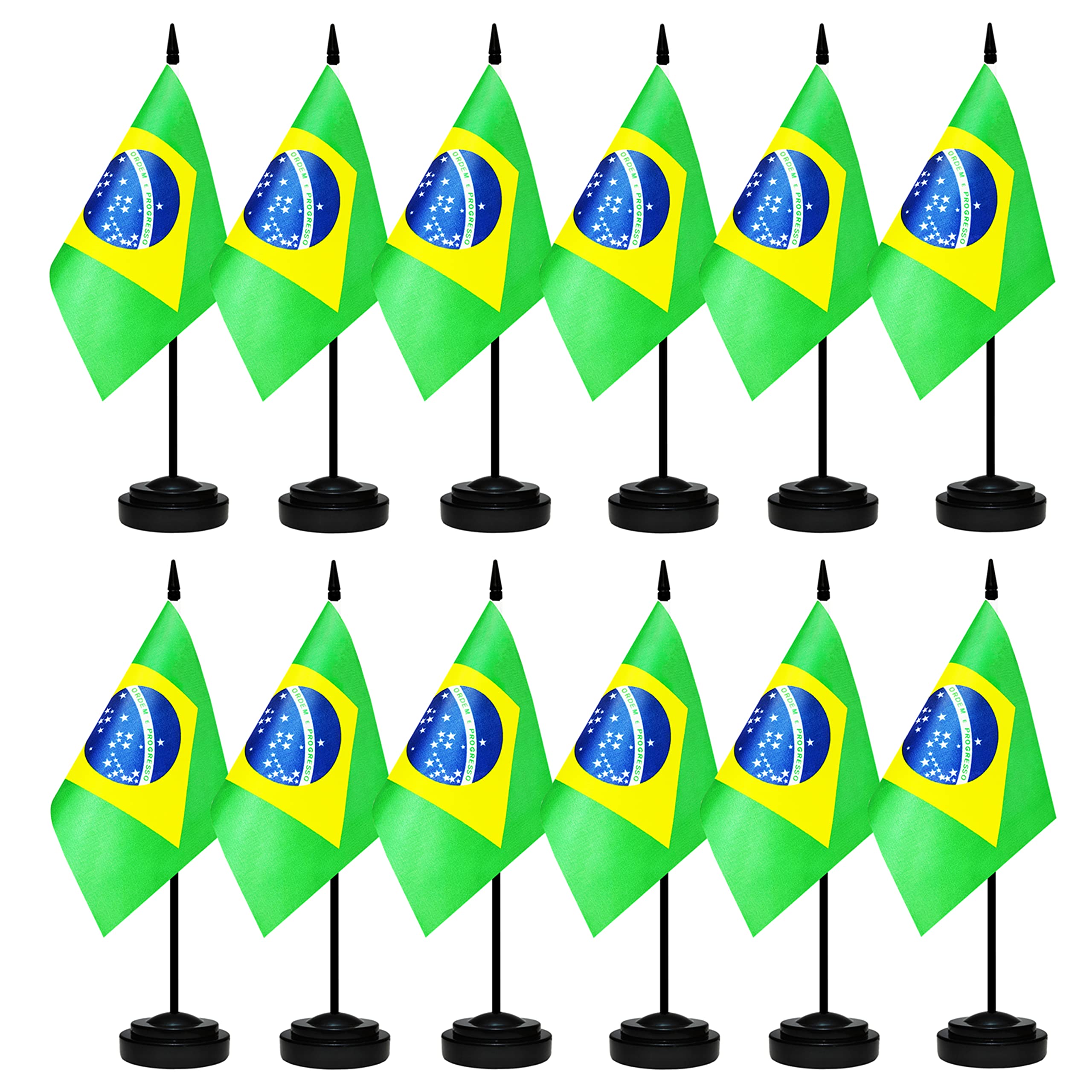 12 Pack Brazil Desk Flags Set, Brazilian Small Mini Table Office Flags With 12' Solid Black Pole, 8.2 X 5.5 Inches, Home And Of