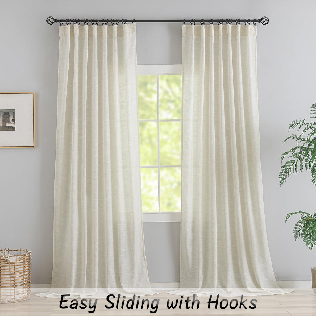 120 Inches Extra Long Linen Curtains Living Room,1 Pair Back Tab Neutral Farmhouse Light Filtering Semi Sheer Boho Linen Curtains,Floor To Ceiling Large Window Patio Sliding Door 10 Feet Drapery,Cream