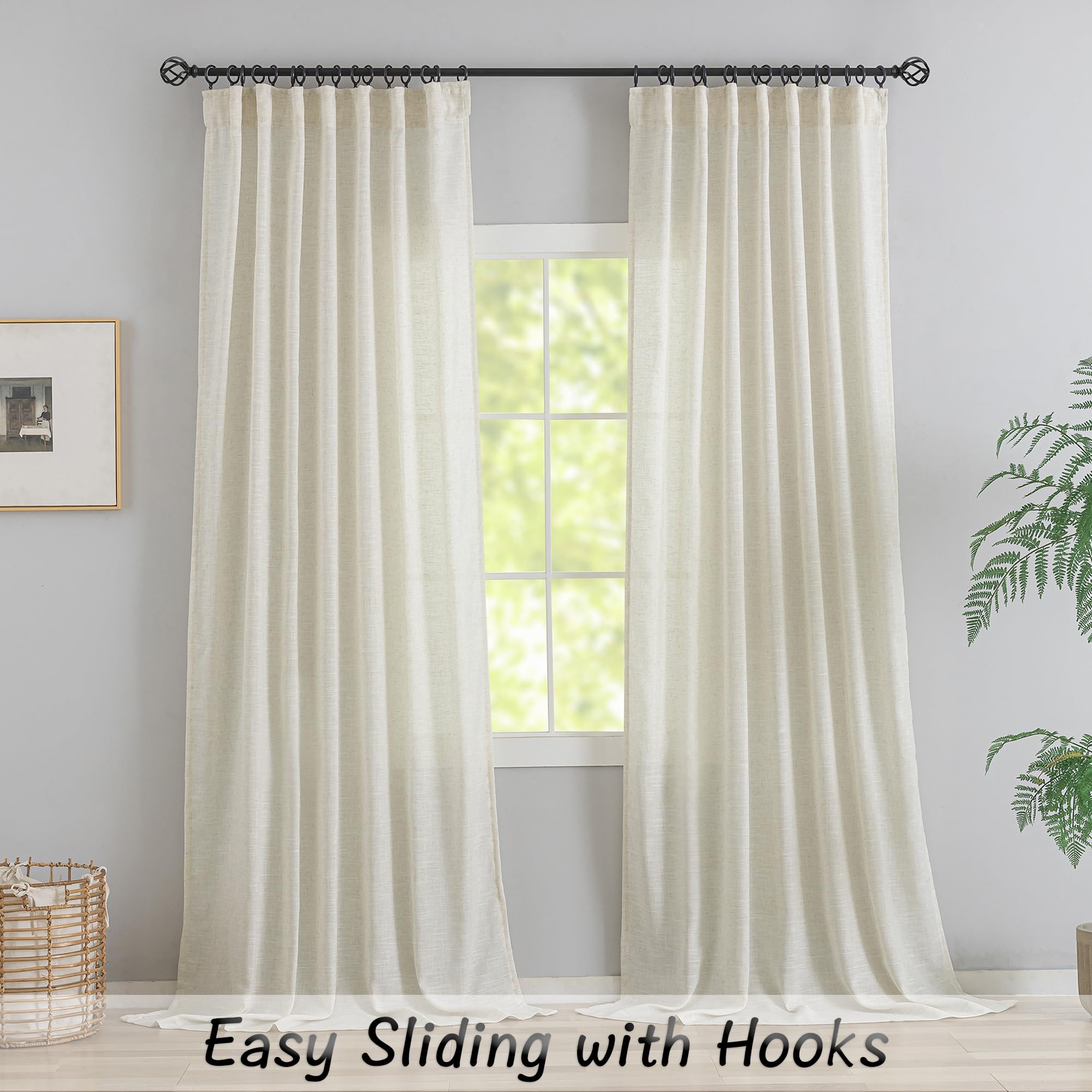 Ivory Natural Linen Blend Back Tab Curtains 90 Inches Long -2 Panels Set For Living Room Hook Belt Loops Pocket Draperies Light