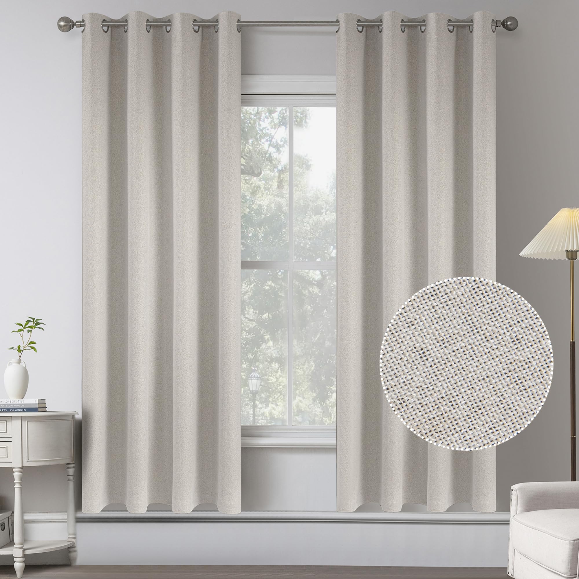 Ivory Beige Burlap Linen 100% Blackout Curtains For Bedroom - 63 Inches Long Grommet Thermal Insulated Window Curtain Panels For