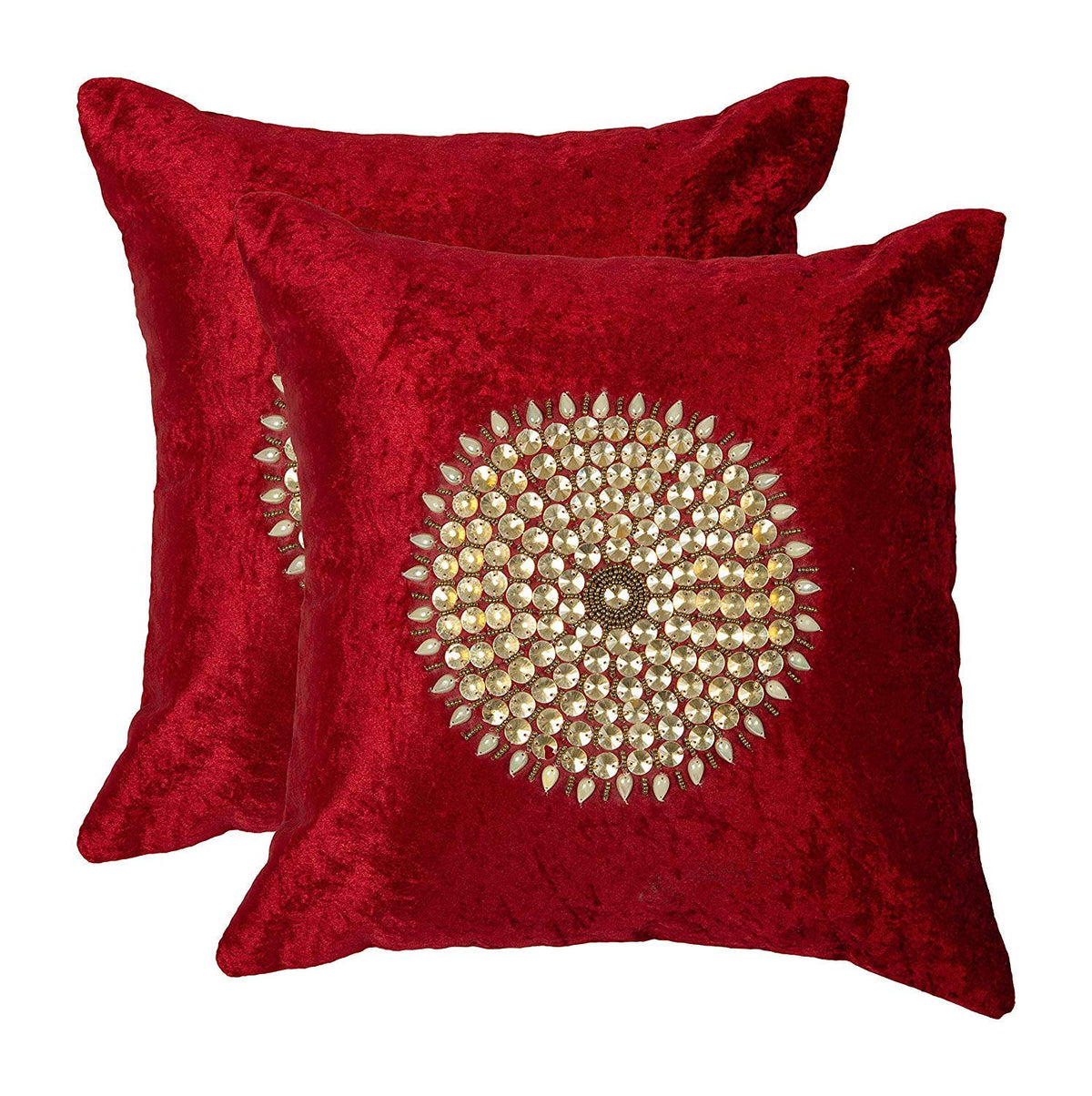 Monkdecor Handwork Velvet Mandala Design Cushion Cover 16X16 Inches (Maroon)