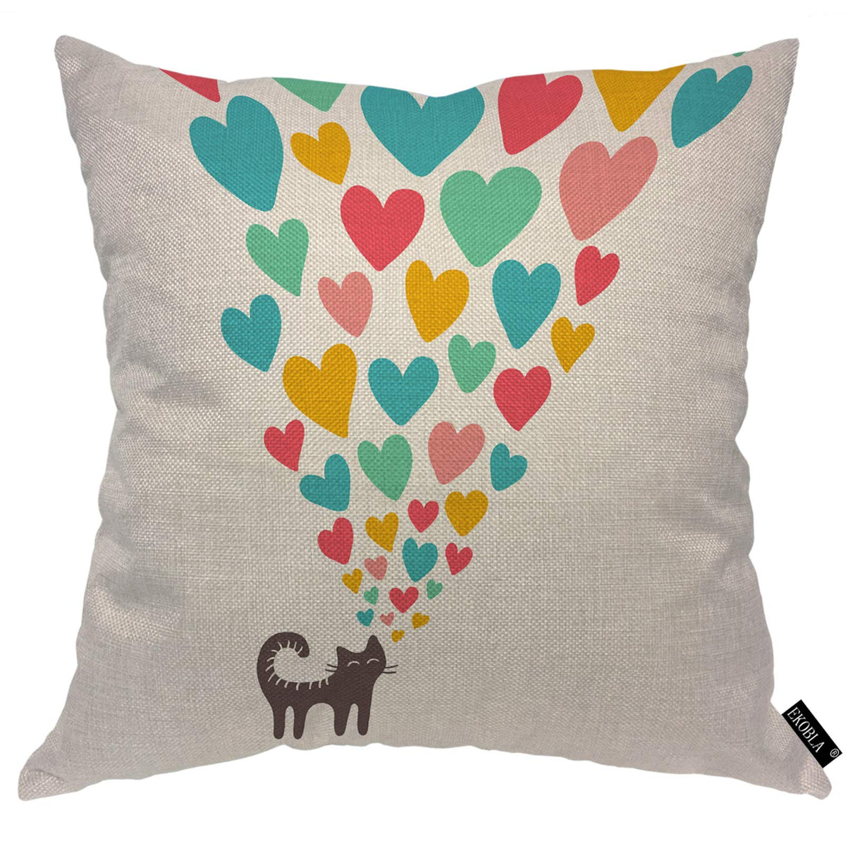 Ekobla Cat In Love Throw Pillow Cover Cartoon Cute Animal Pet Sweet Heart Striped Tail Romantic Cozy Square Cushion Case For Men
