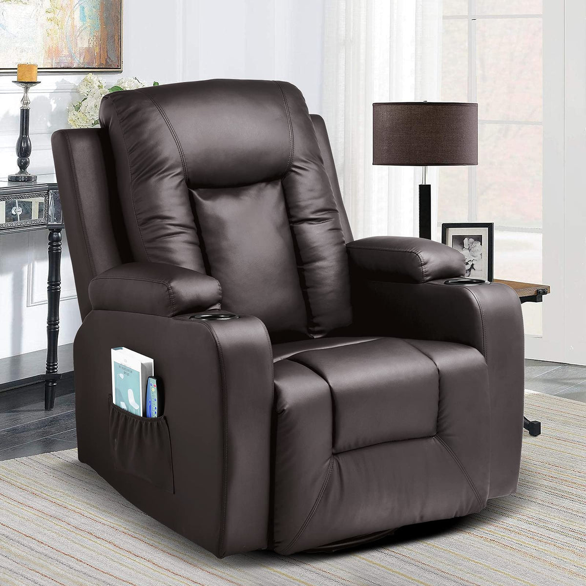 Comhoma Recliner Chair, Pu Rocking Chair For Adults, Swivel Recliner With Cup Holders, Heat And Massage, Single Sofa Seat With S