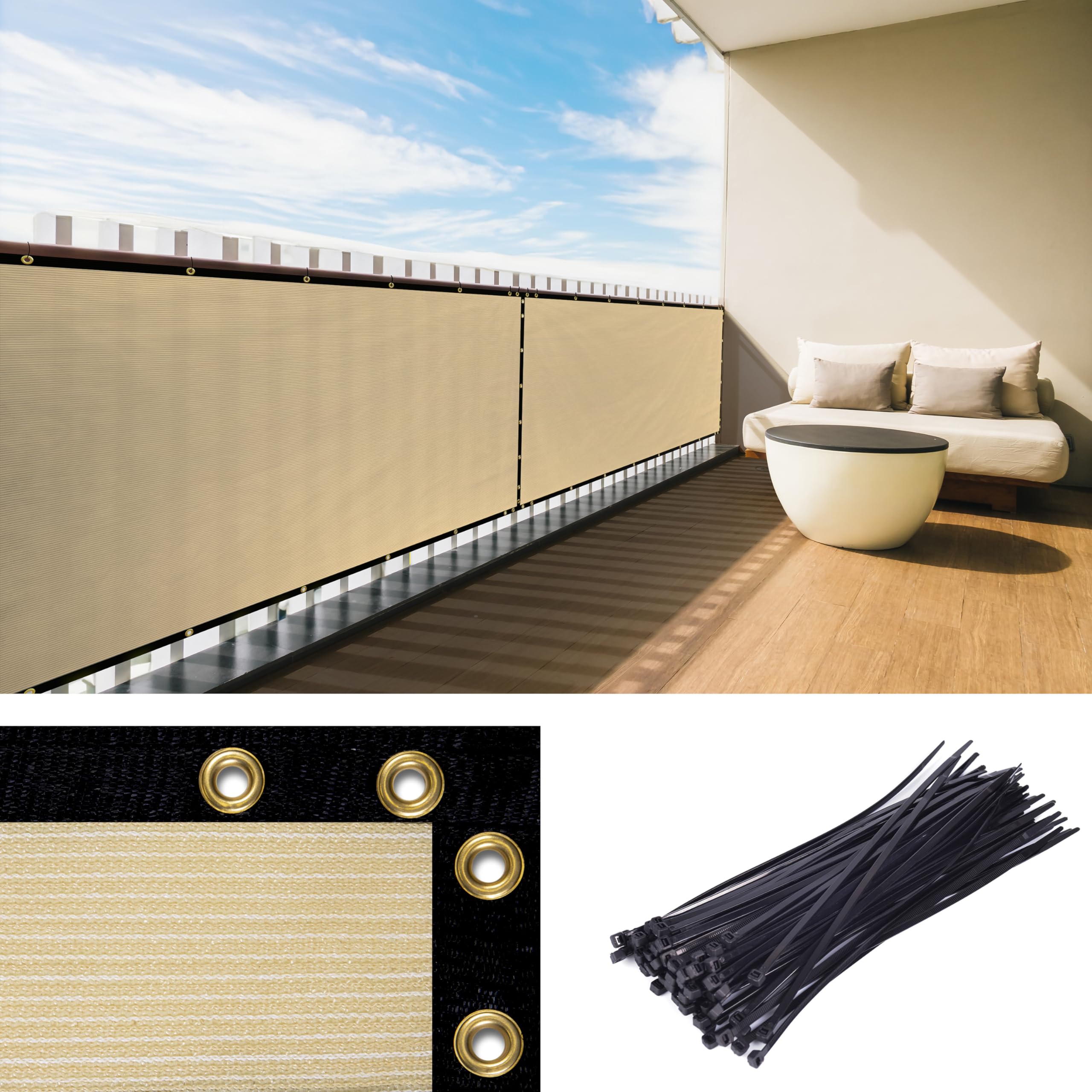 Royal Shade Custom Size 3  x 64  Beige Balcony Privacy Screen Apartment Above Railing Porch Patio Fence Windscreen Cover Netti