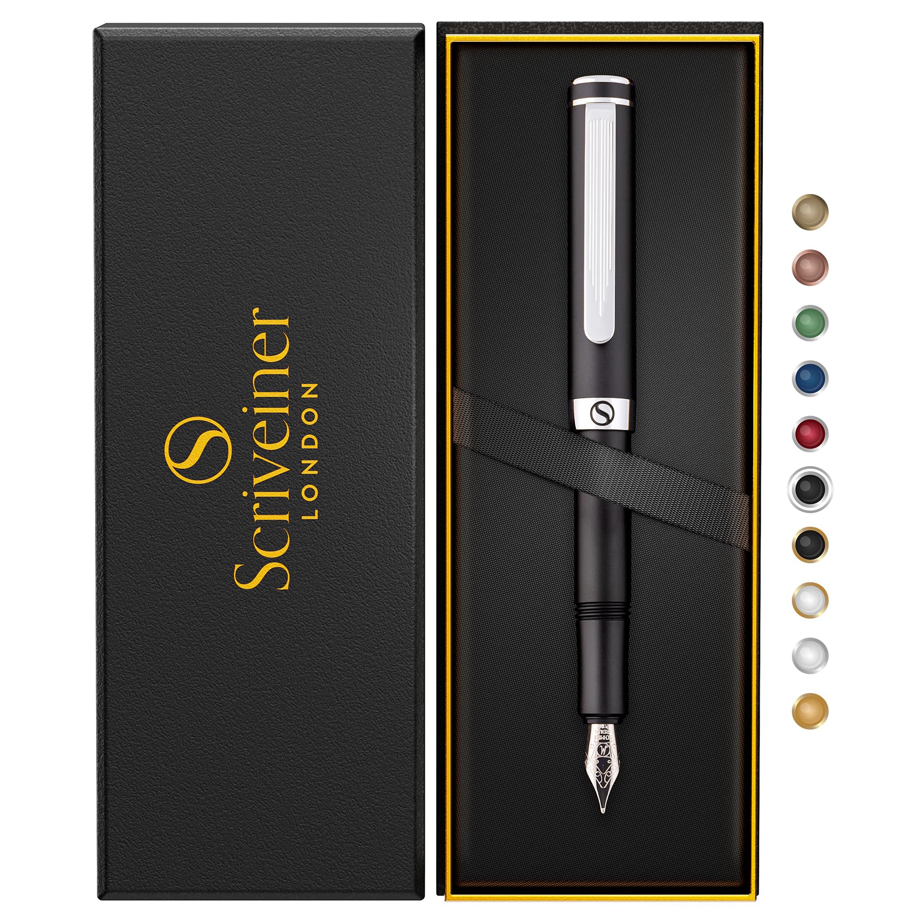 Scriveiner Luxury Edc Fountain Pen (Medium), Stunning Matt Black Pocket Pen, Chrome Finish, Schmidt German Nib, Converter, Best